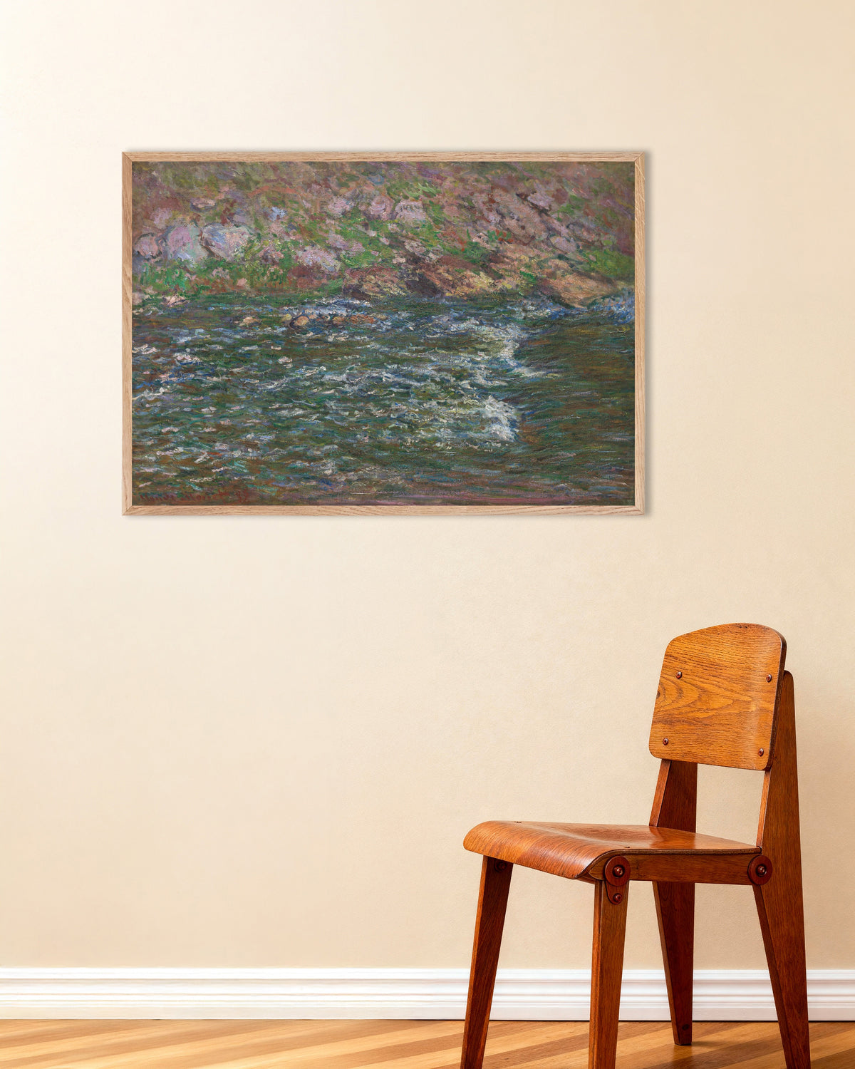 Poster Stroomversnellingen op de Petite Creuse bij Fresselines (1889) van Claude Monet met naturel houten lijst