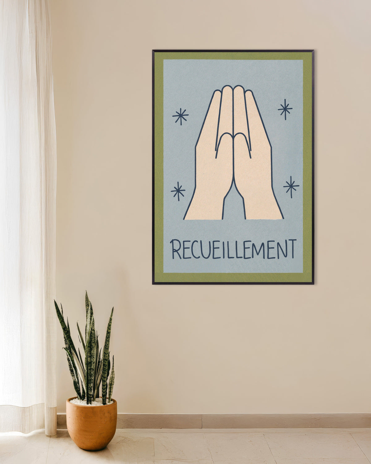 Poster van Recueillement - Minimalistische lijntekening, met metalen lijst