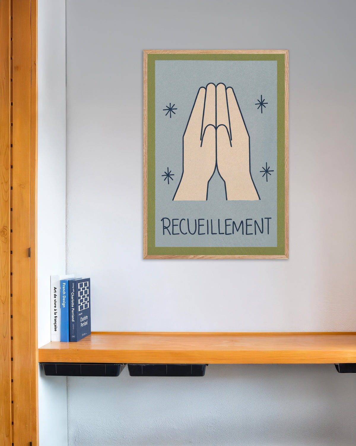 Poster van Recueillement - Minimalistische lijntekening, met naturel houten lijst
