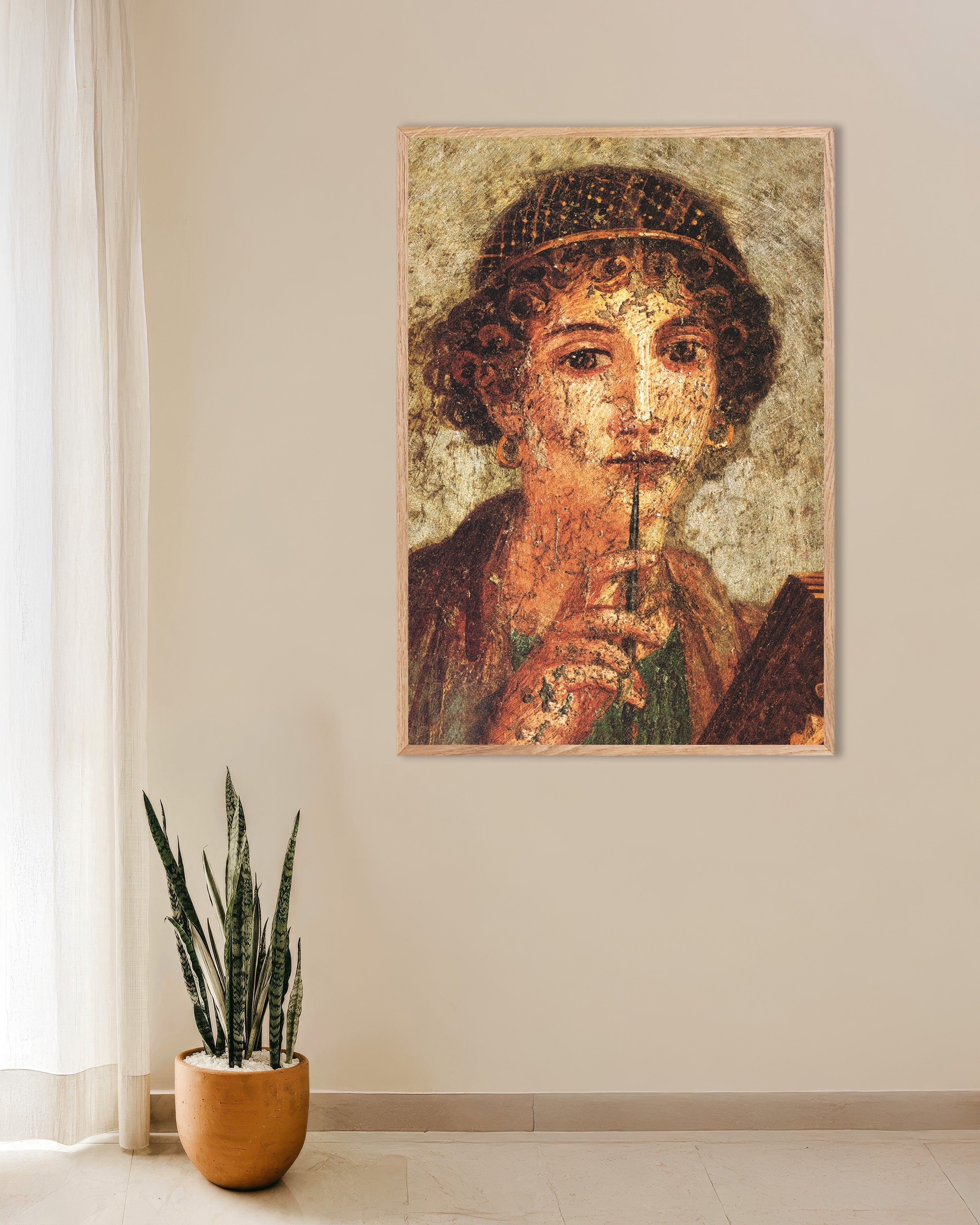 Poster of Sappho fresco detail poster, with natural wooden frame