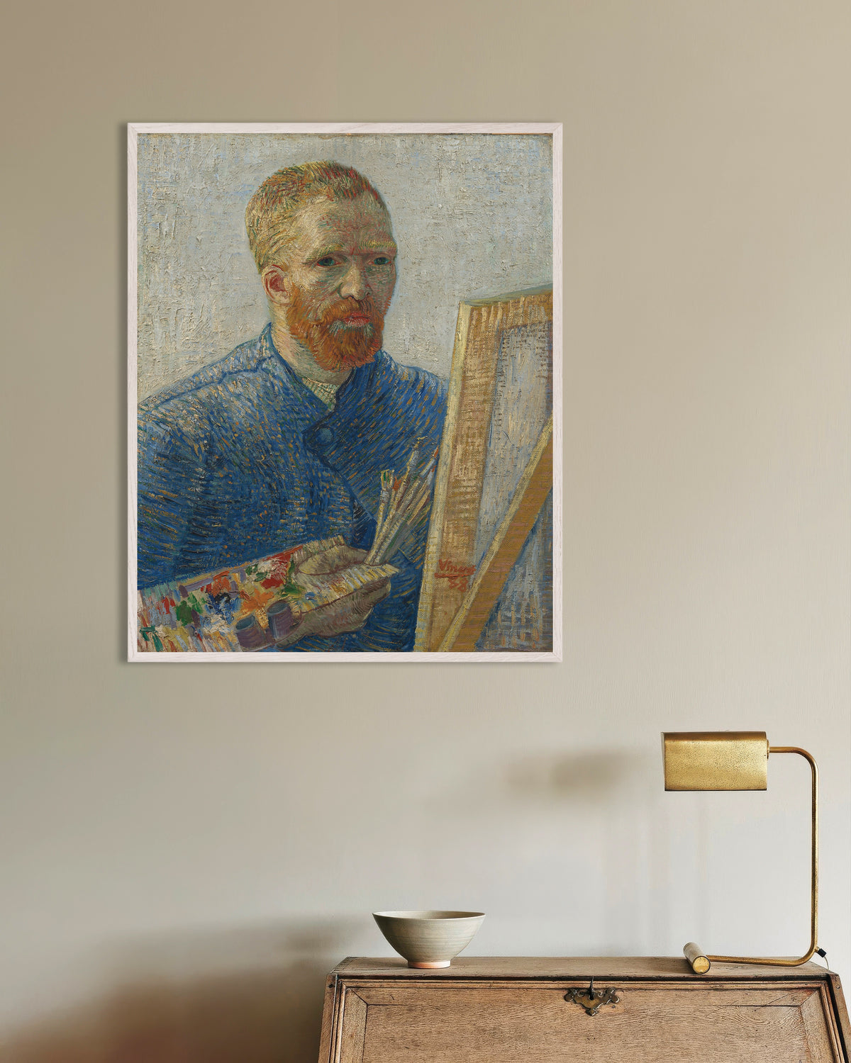Poster van Zelfportret als schilder (1888) van Vincent van Gogh, met witte houten lijst