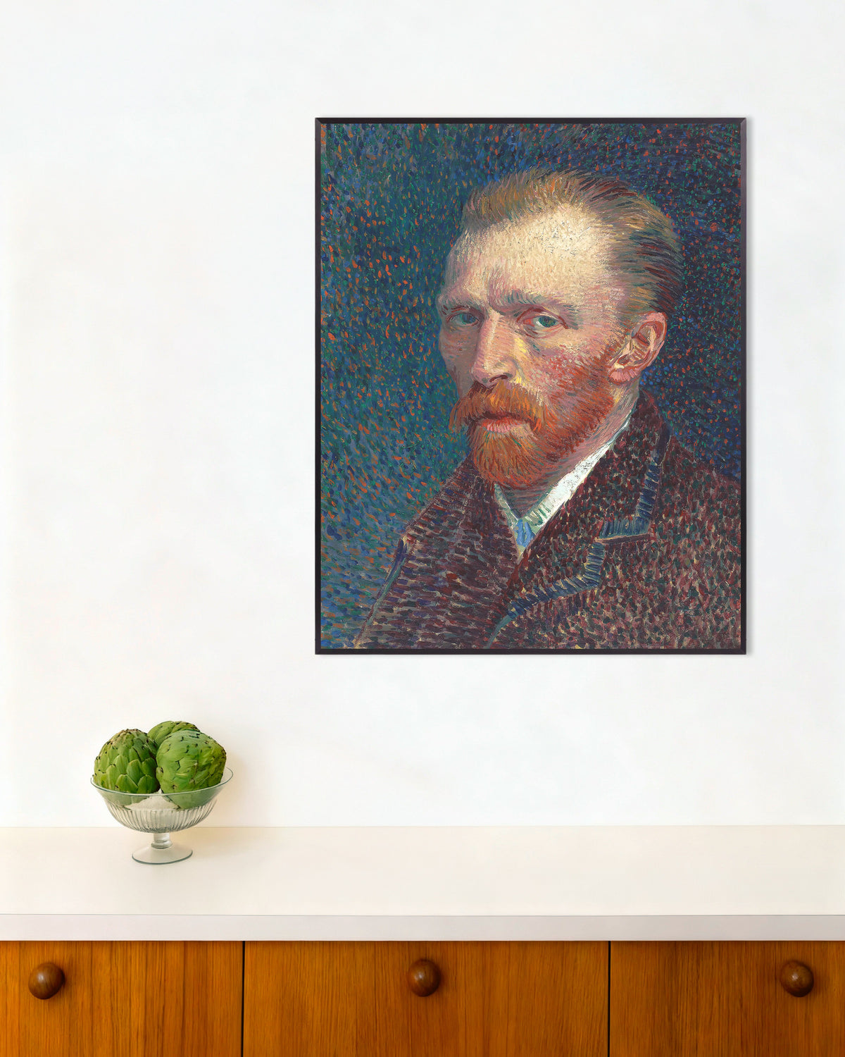 Poster van Zelfportret op een blauwe achtergrond met stippen (1887) van Vincent van Gogh, met metalen lijst