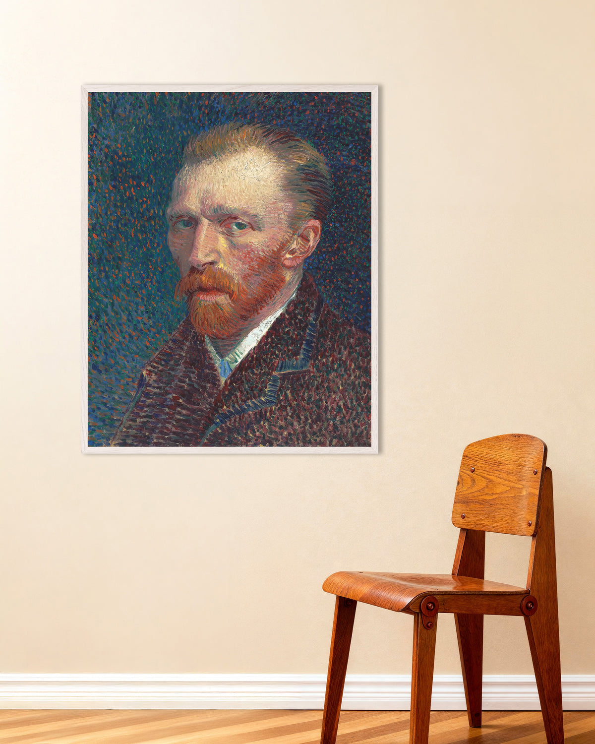 Poster van Zelfportret op een blauwe achtergrond met stippen (1887) van Vincent van Gogh, met witte houten lijst