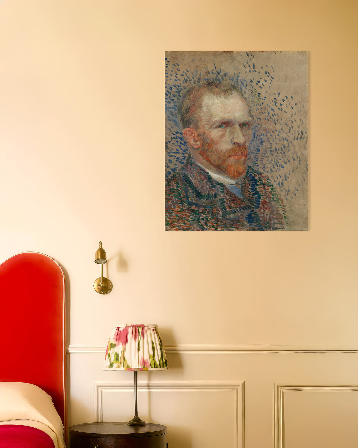 Poster van Zelfportret met blauwe strepen (1887) van Vincent van Gogh
