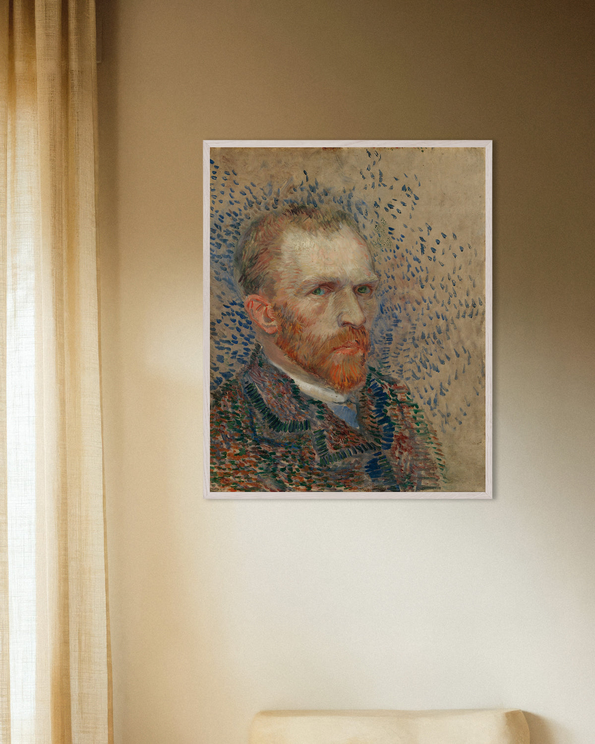Poster van Zelfportret met blauwe strepen (1887) van Vincent van Gogh, met witte houten lijst