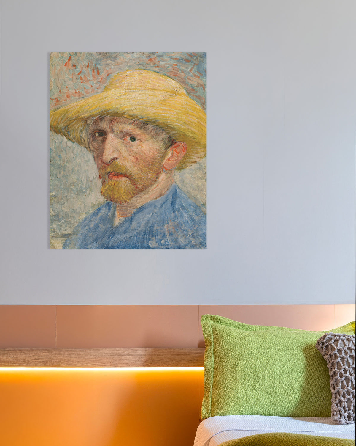 Poster van Zelfportret met strohoed en blauwe kiel (1887) van Vincent van Gogh