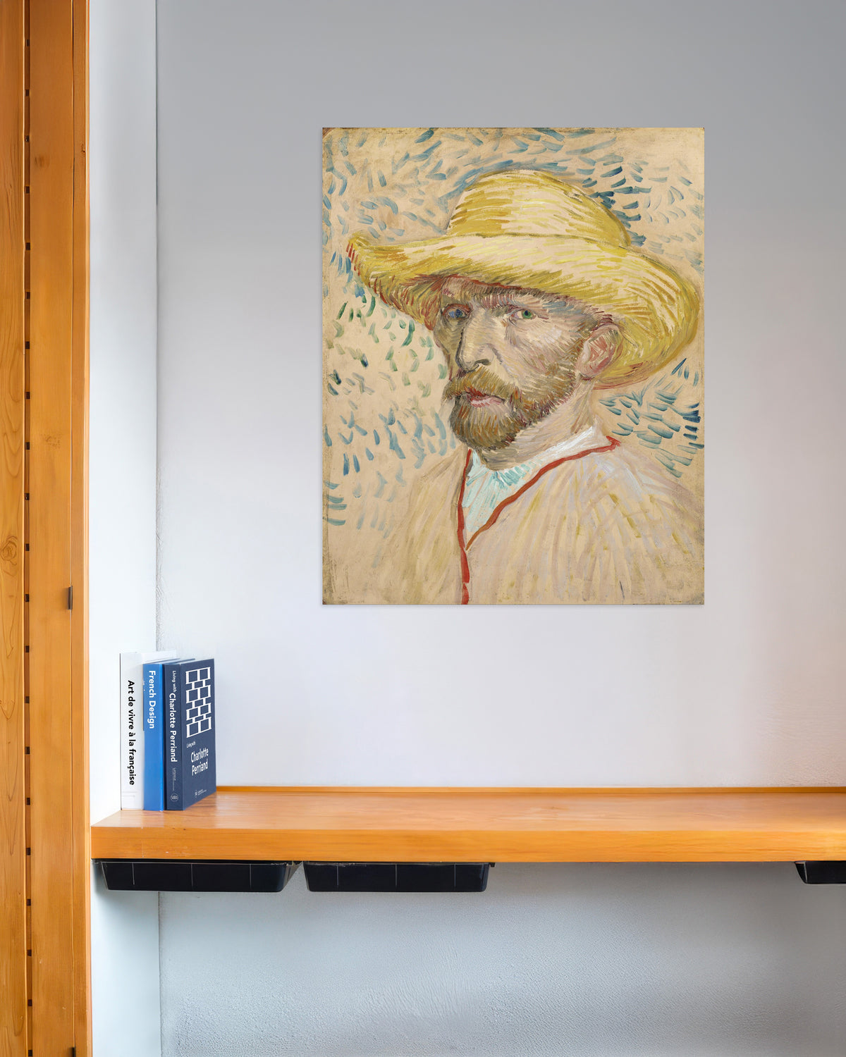 Poster van Zelfportret met strohoed en schilderskiel (1887) van Vincent van Gogh