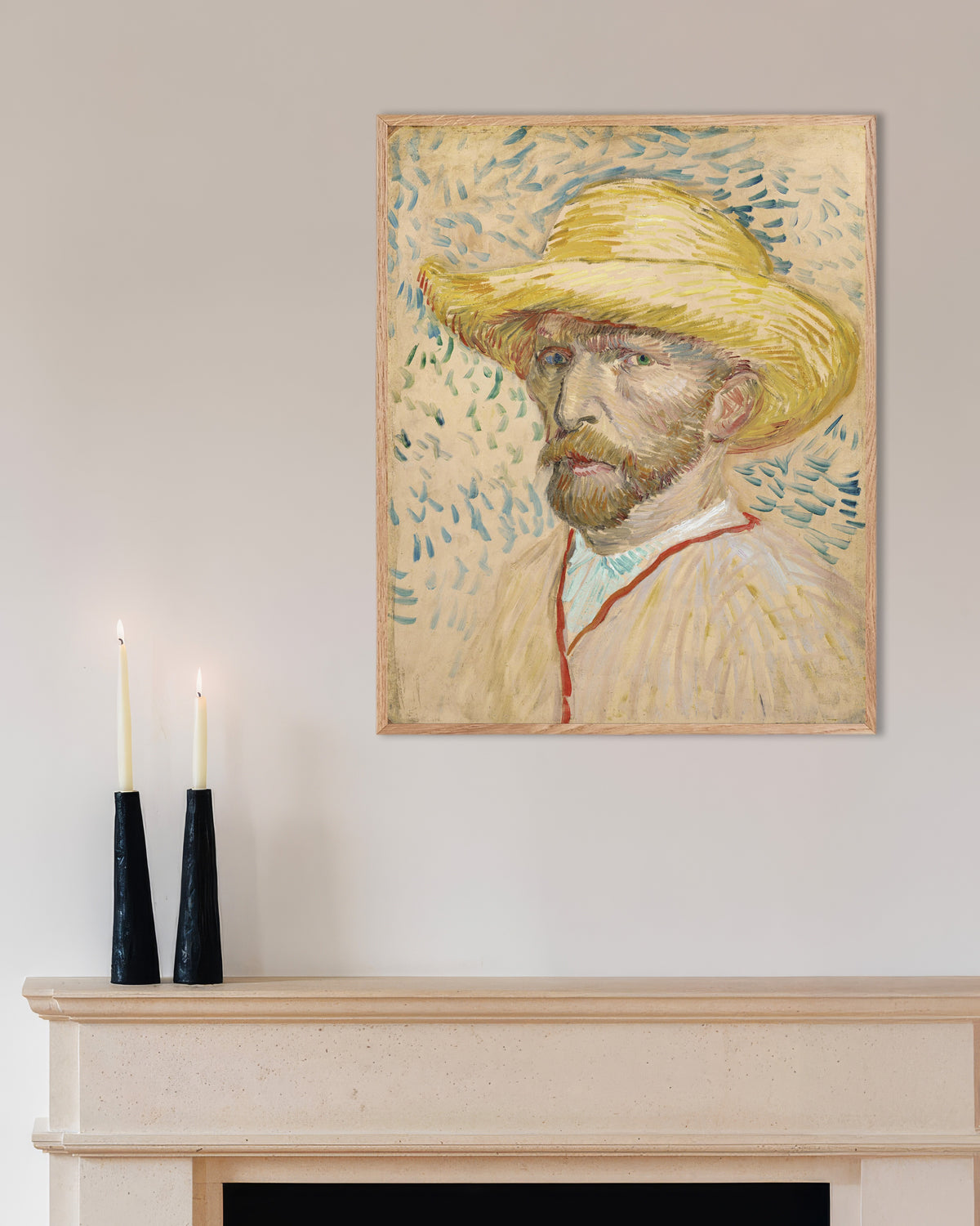 Poster van Zelfportret met strohoed en schilderskiel (1887) van Vincent van Gogh, met een lijst van naturel hout