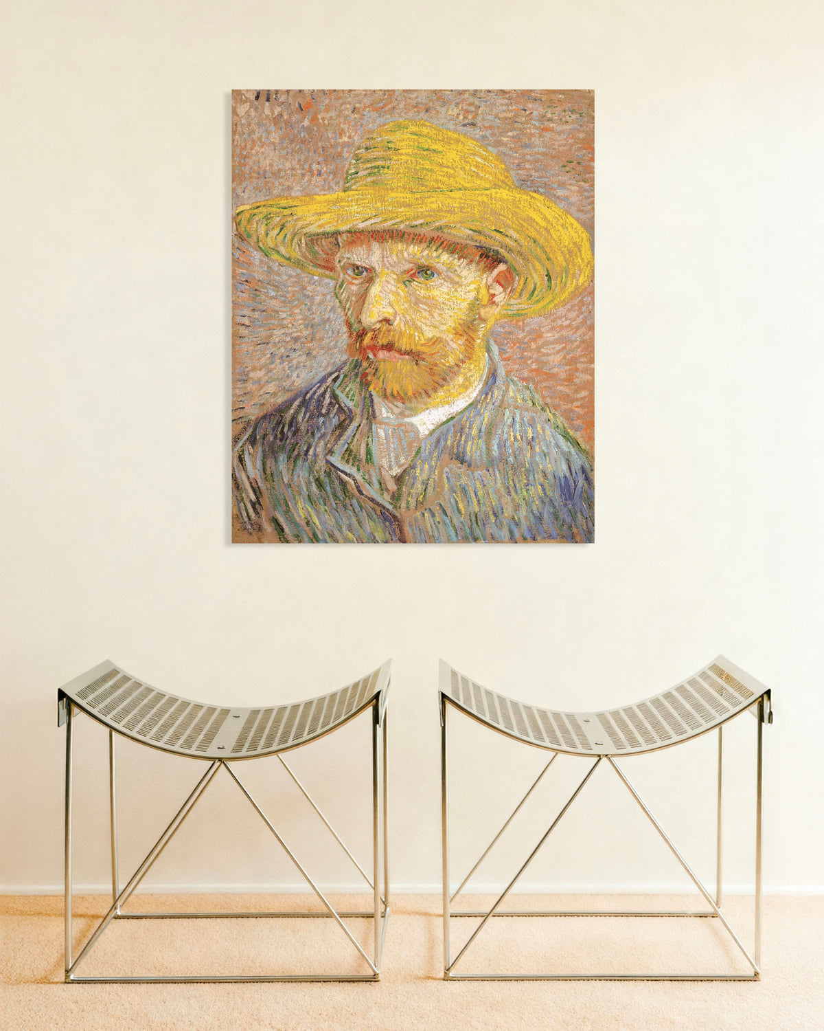 Poster van Zelfportret met strohoed tegen een oranje achtergrond (1887) van Vincent van Gogh