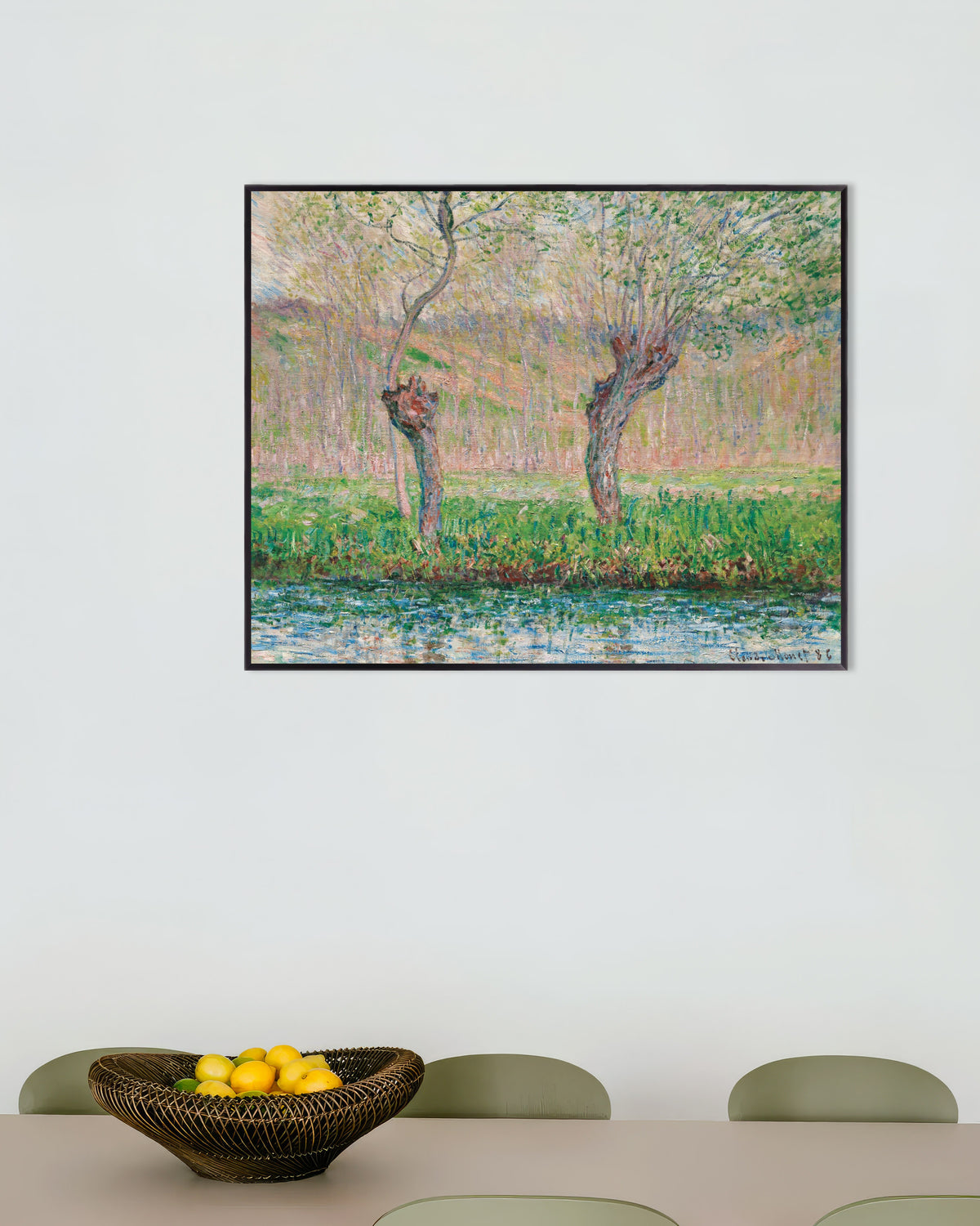 Poster Lente, wilgen (1885) van Claude Monet met metalen lijst