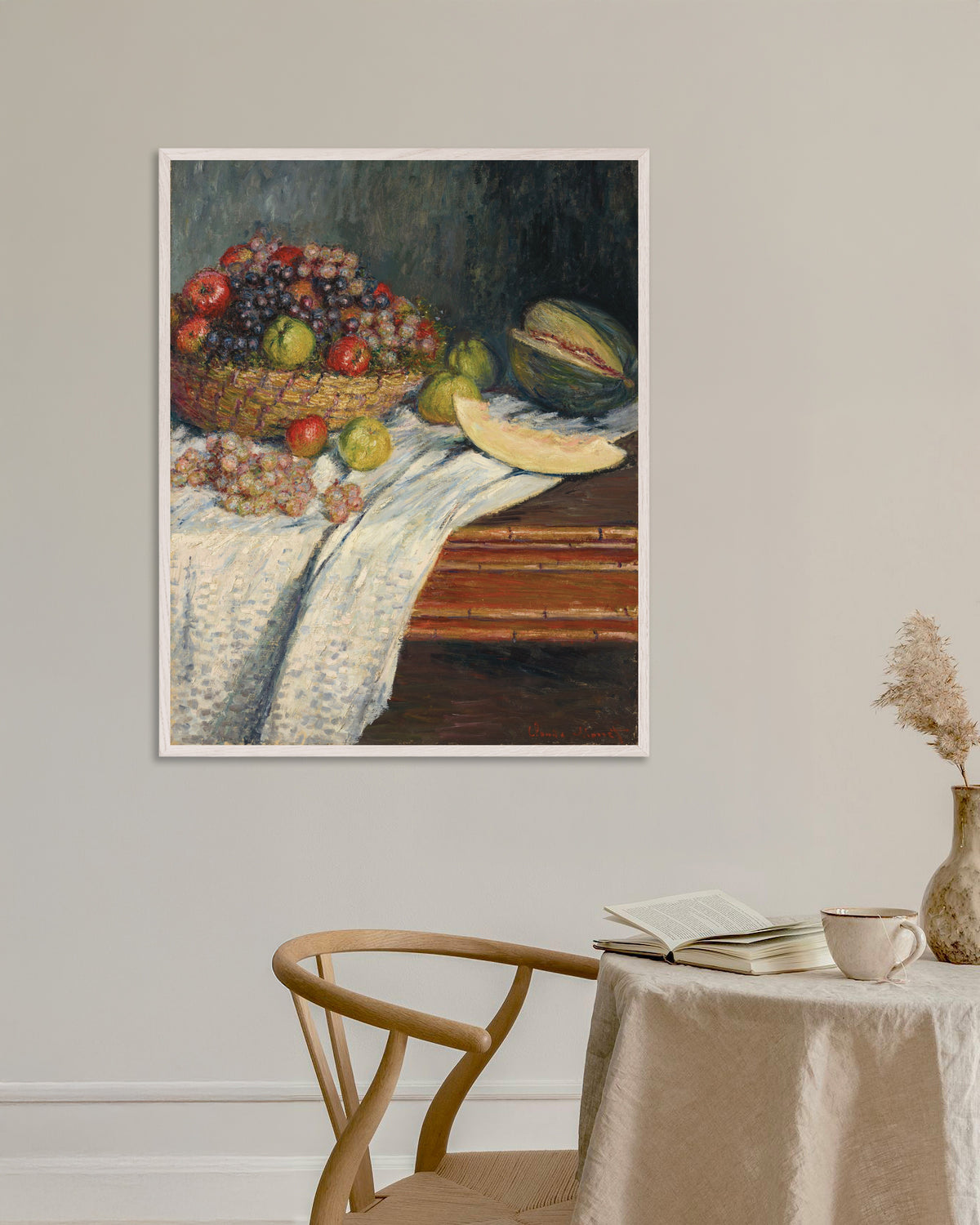 Poster Stilleven met meloen (1879) van Claude Monet met witte houten lijst