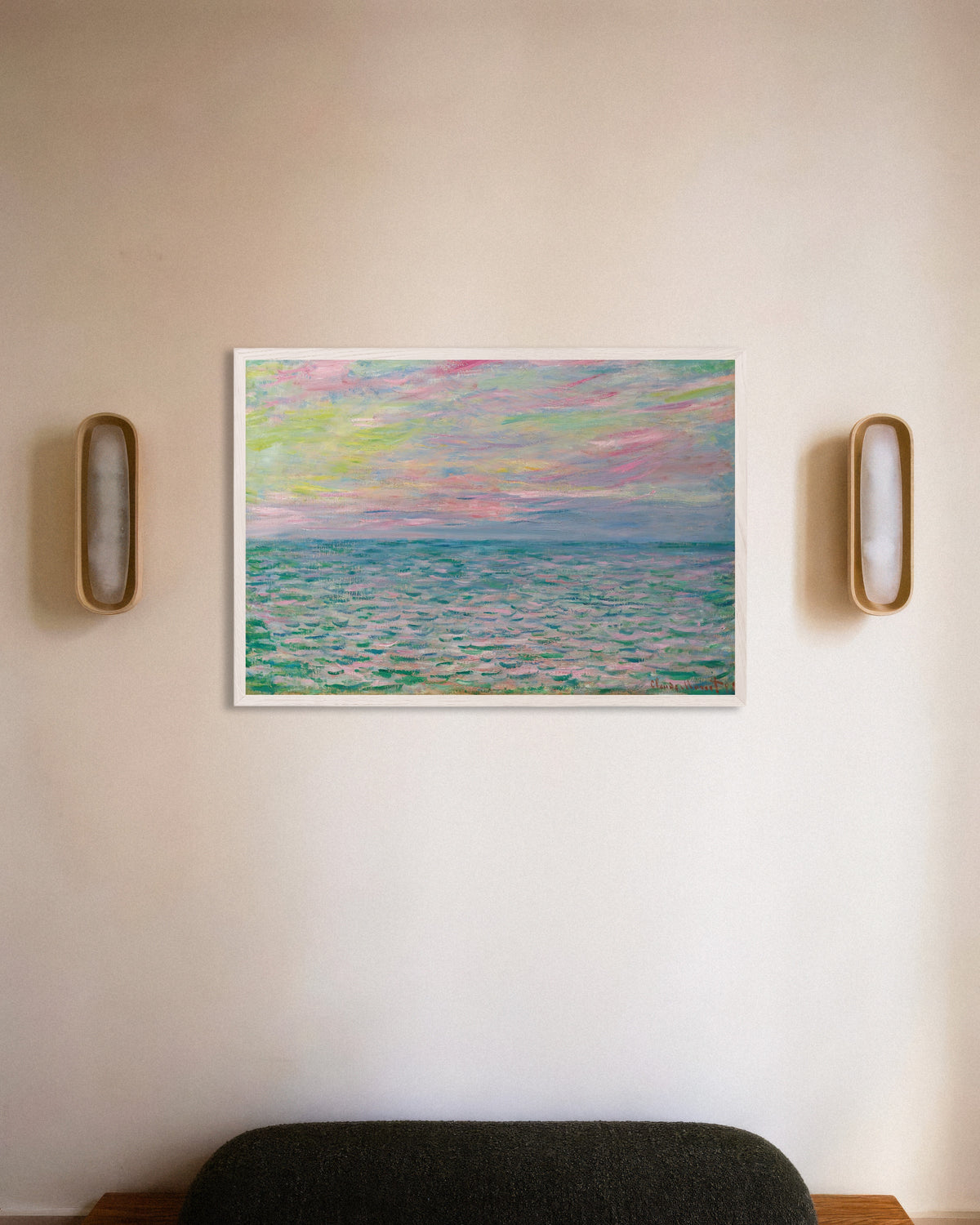 Poster Zonsondergang bij Pourville, open zee (1882) van Claude Monet met witte houten lijst