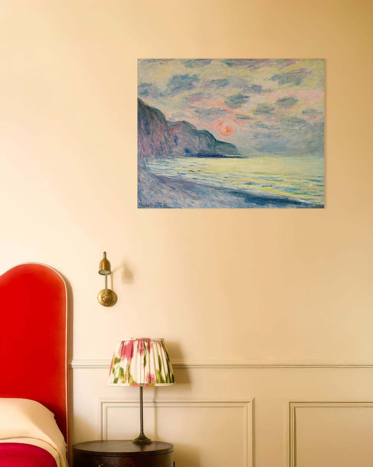 Poster Zonsondergang, nevelig weer, Pourville (1882) van Claude Monet