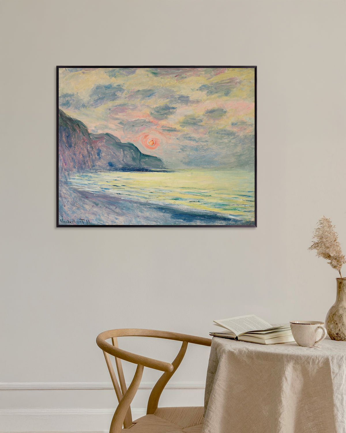 Poster Zonsondergang, nevelig weer, Pourville (1882) van Claude Monet met metalen lijst