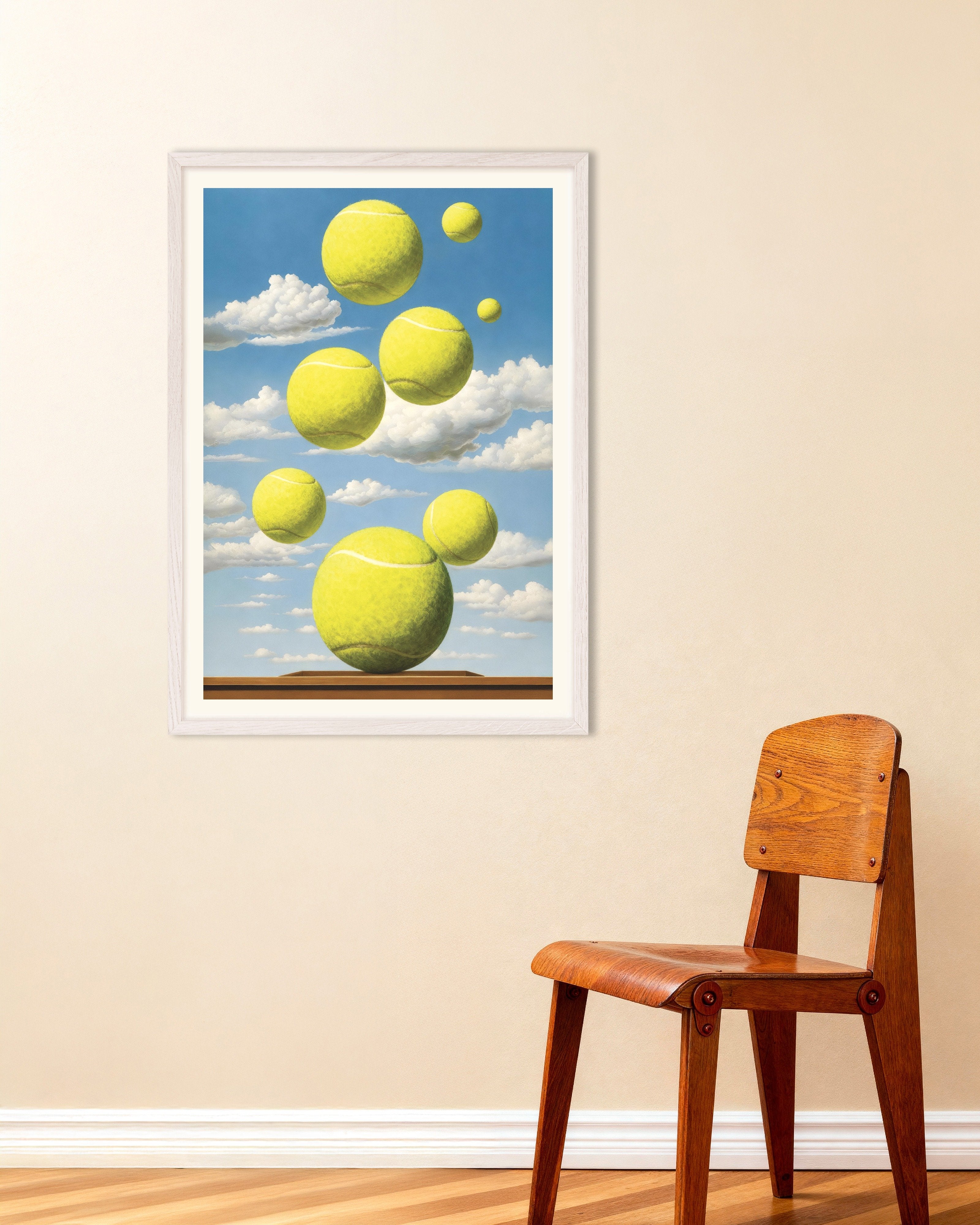 Poster of Tennis balls poster – Surreal sports art print, with white wooden frame