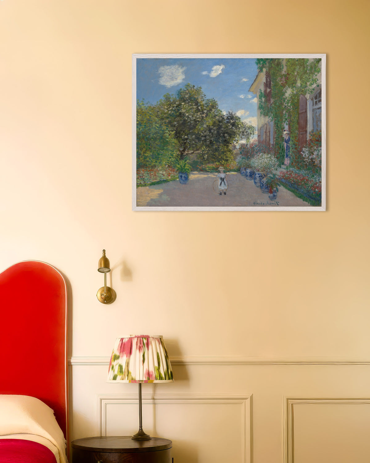 Poster Het huis van de kunstenaar in Argenteuil (1873) van Claude Monet met witte houten lijst