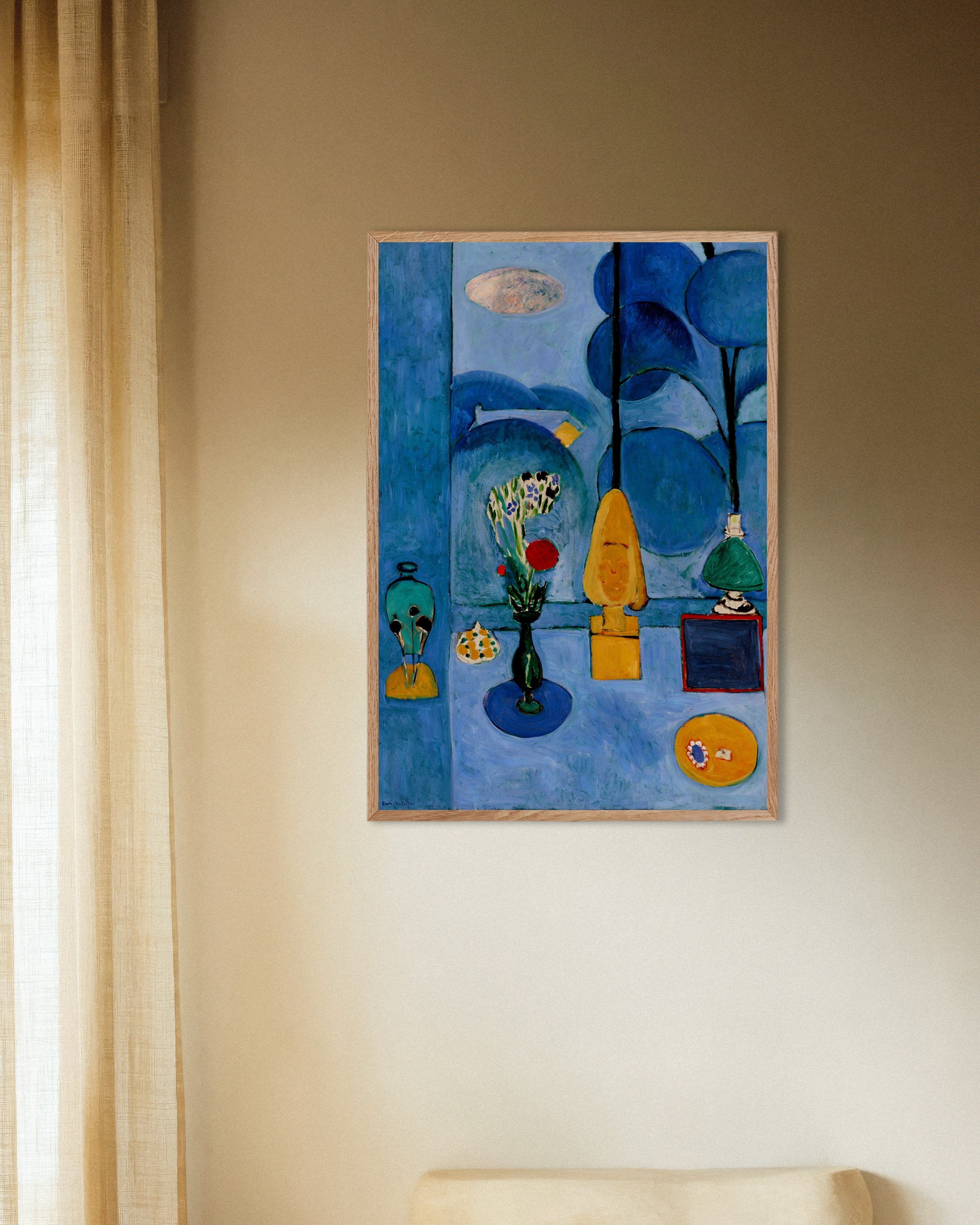 Poster of The blue window (1913) by Henri Matisse, with natural wooden frame