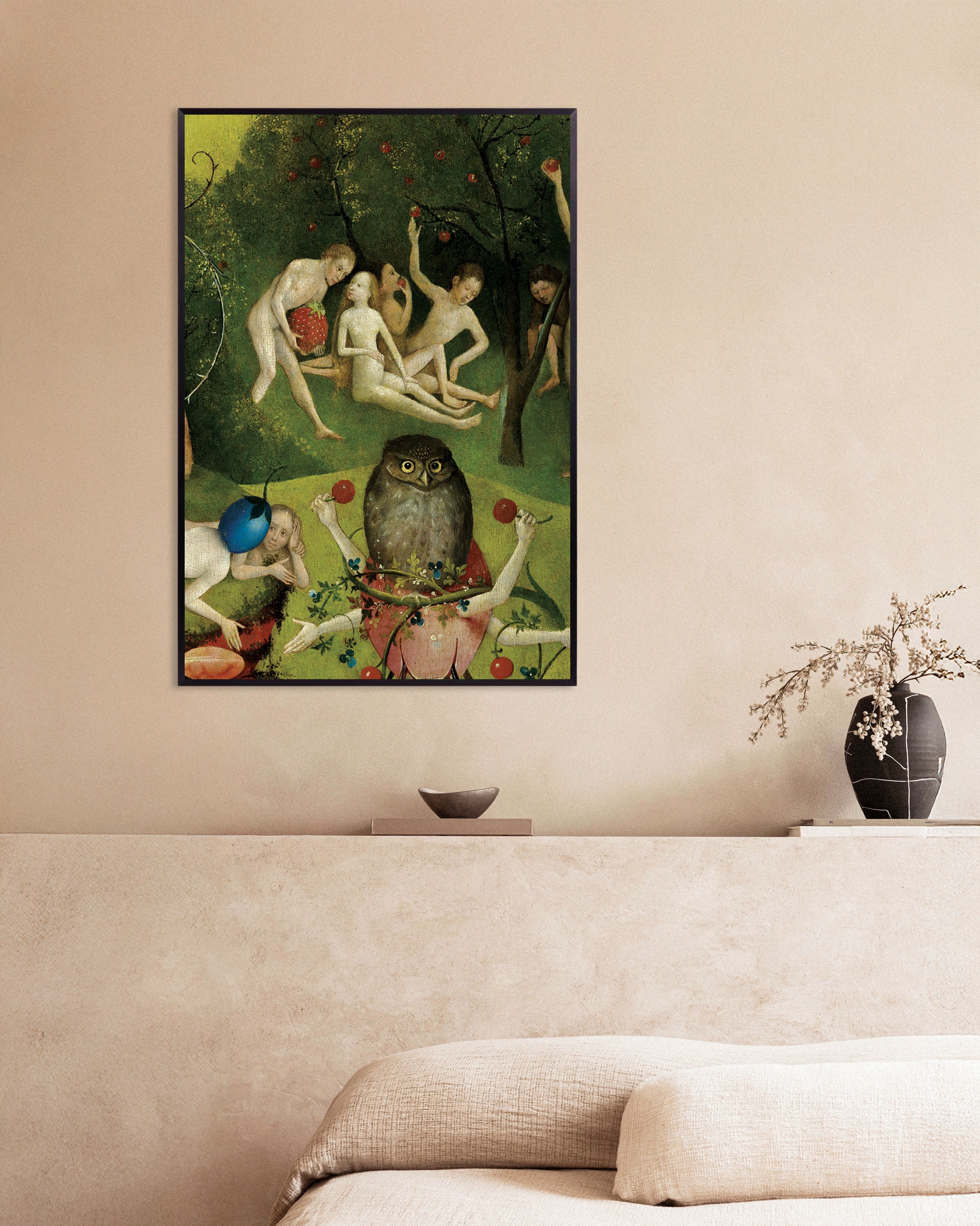 Poster of The giant owl and strawberry pickers - Detail from The Garden of Earthly Delights, with metal frame