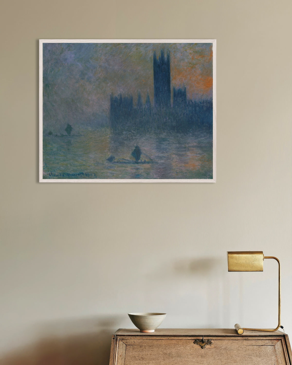 Poster Het parlement, misteffect (1903–1904) van Claude Monet met witte houten lijst