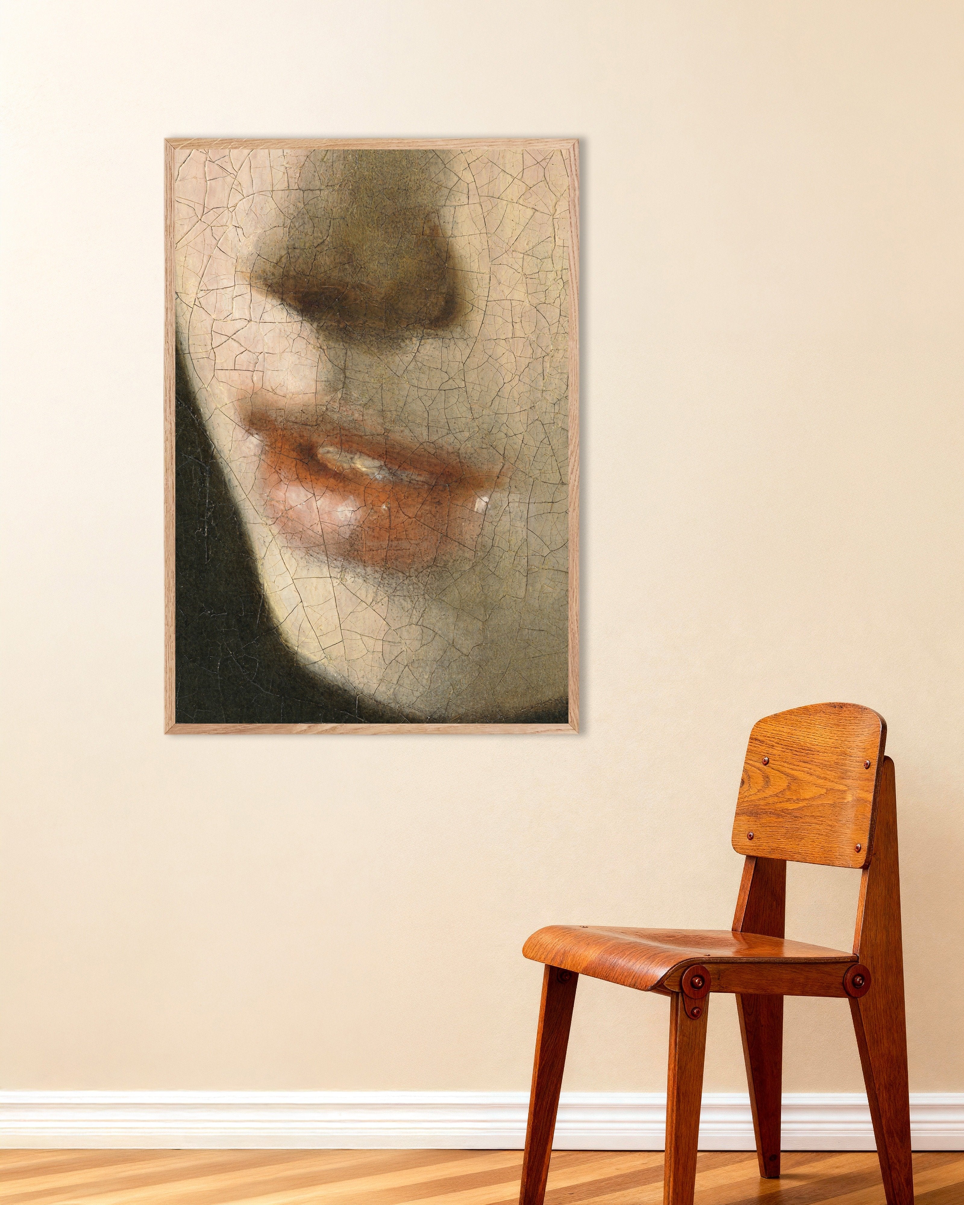 Poster of The Lips (Vertical) - Vermeer Detail Poster, with natural wooden frame