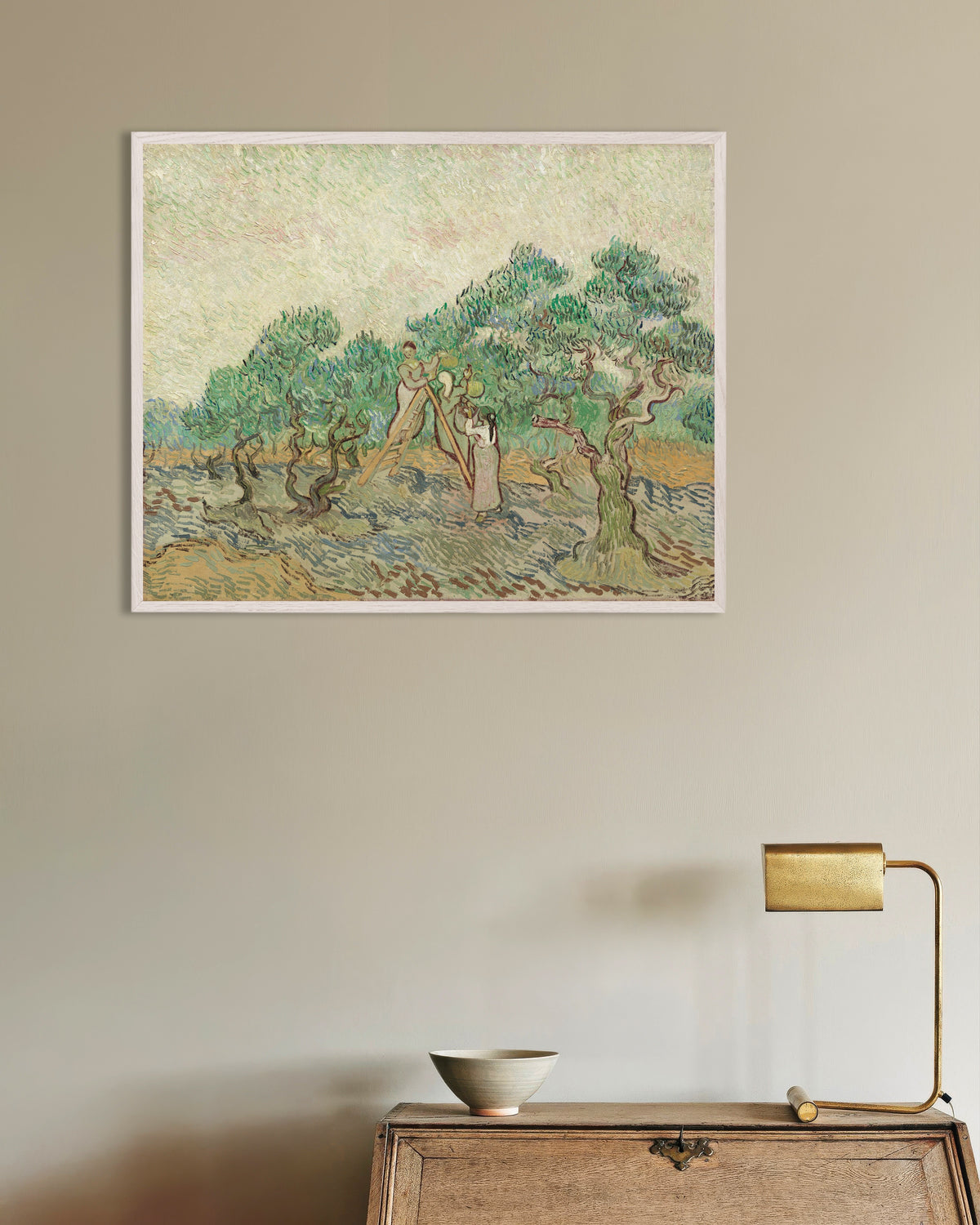 Poster van De olijfgaard (1889) van Vincent van Gogh, met witte houten lijst