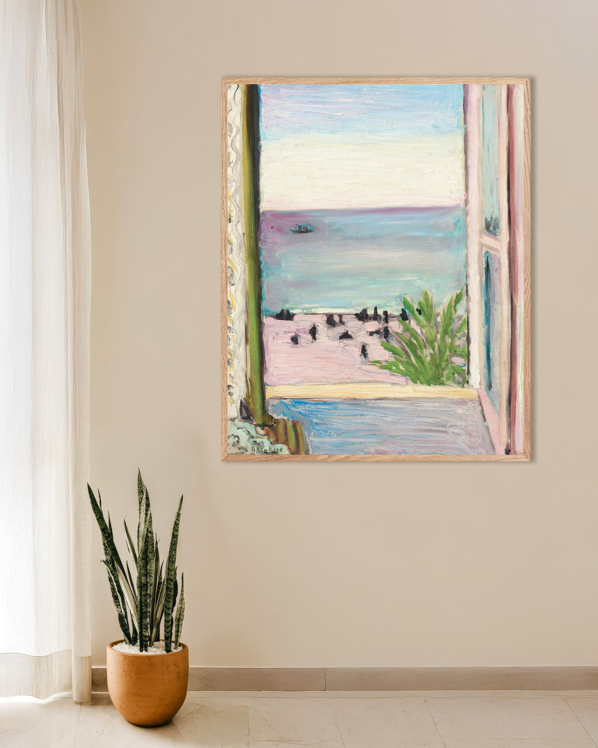 Poster van Het open raam (1918) van Henri Matisse, met naturel houten lijst