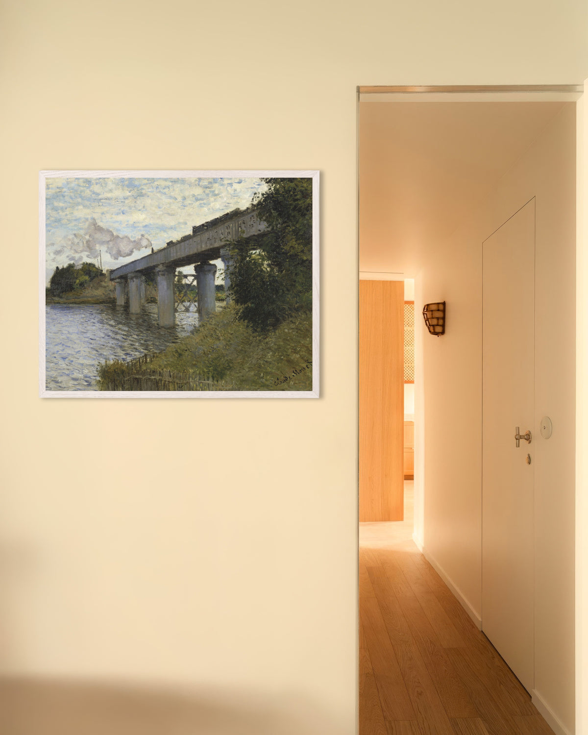 Poster De spoorbrug bij Argenteuil (1873–1874) van Claude Monet met witte houten lijst