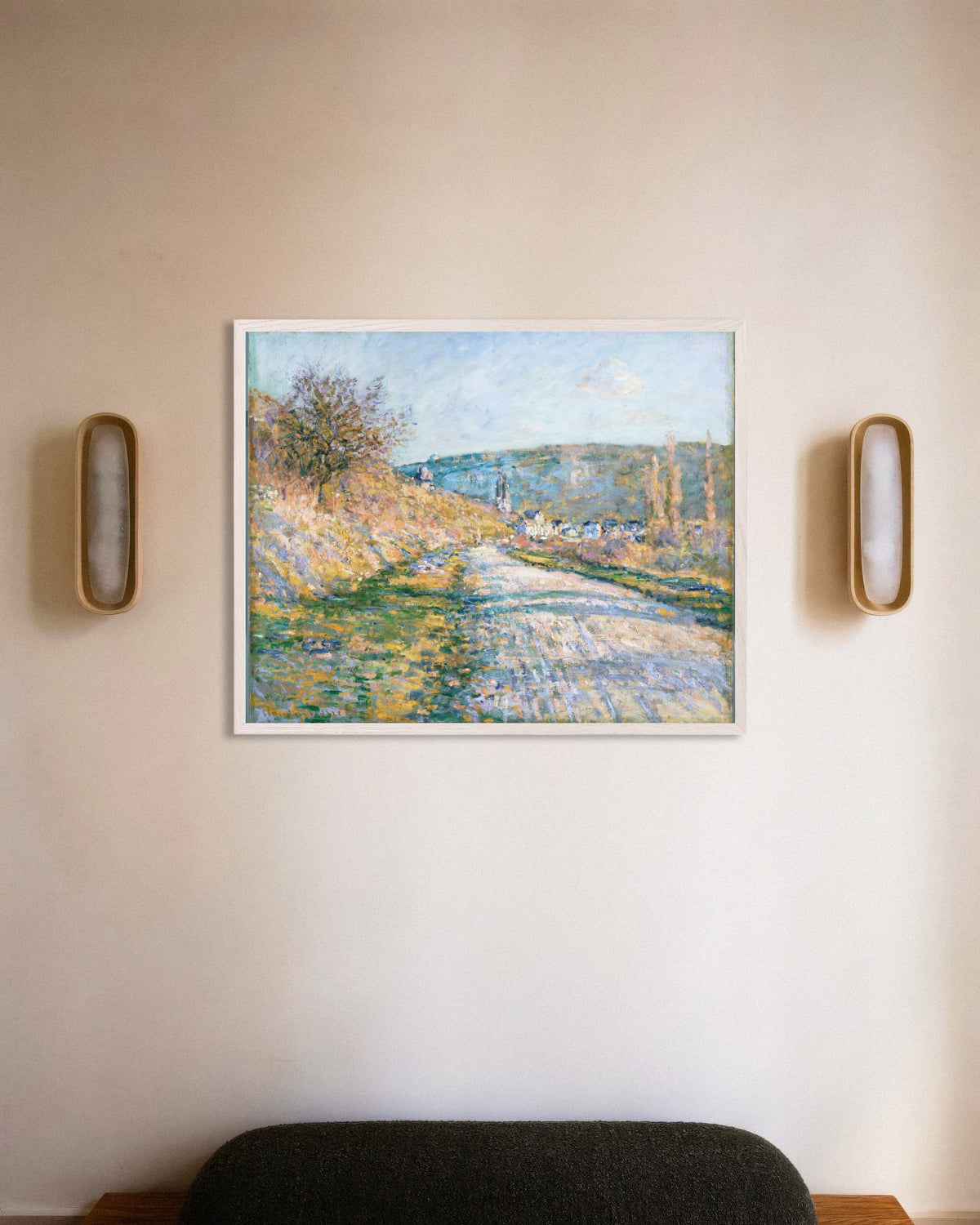 Poster De weg naar Vétheuil (1879) van Claude Monet met witte houten lijst