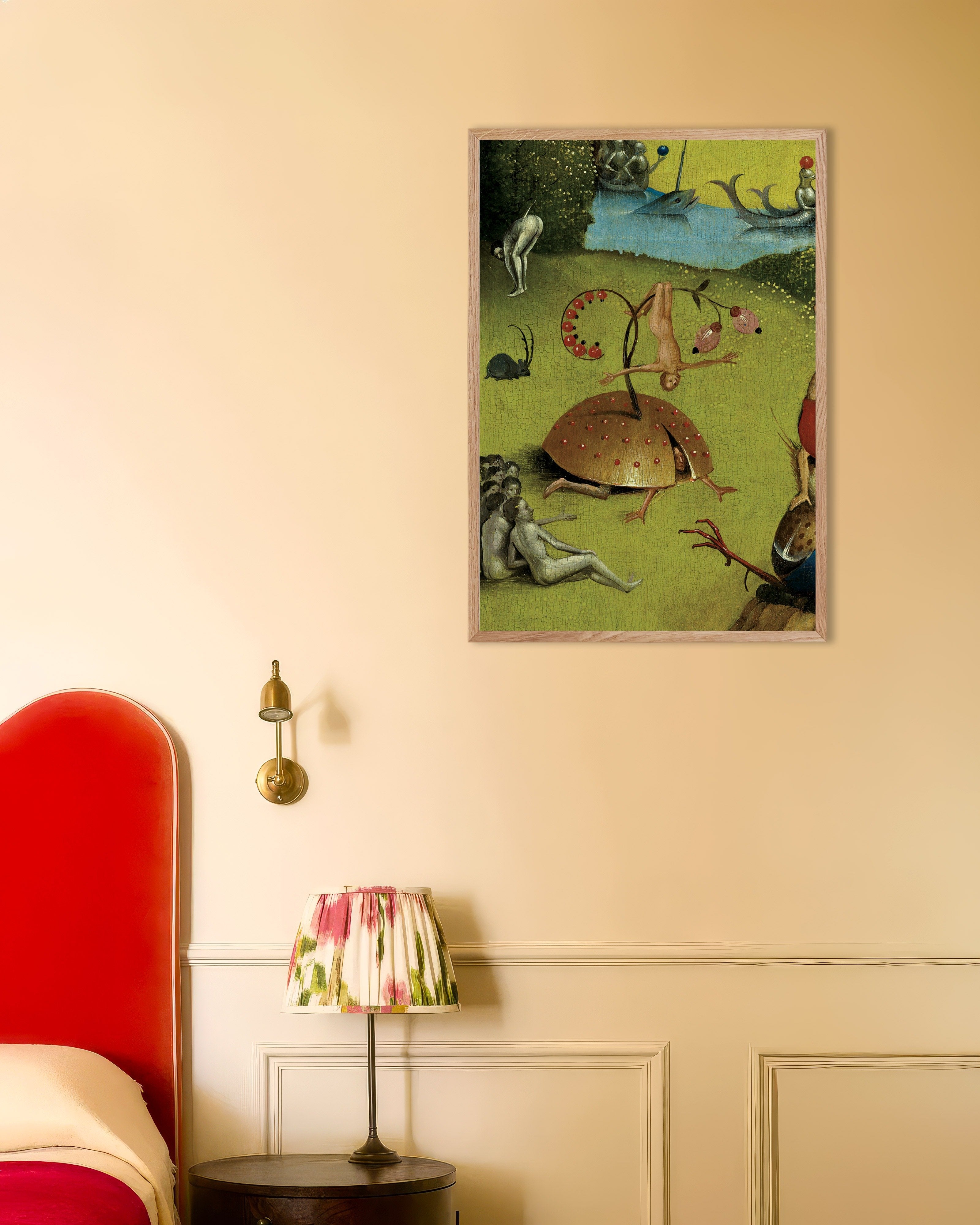 Poster of The shell and the acrobat - Detail from The Garden of Earthly Delights, with natural wooden frame