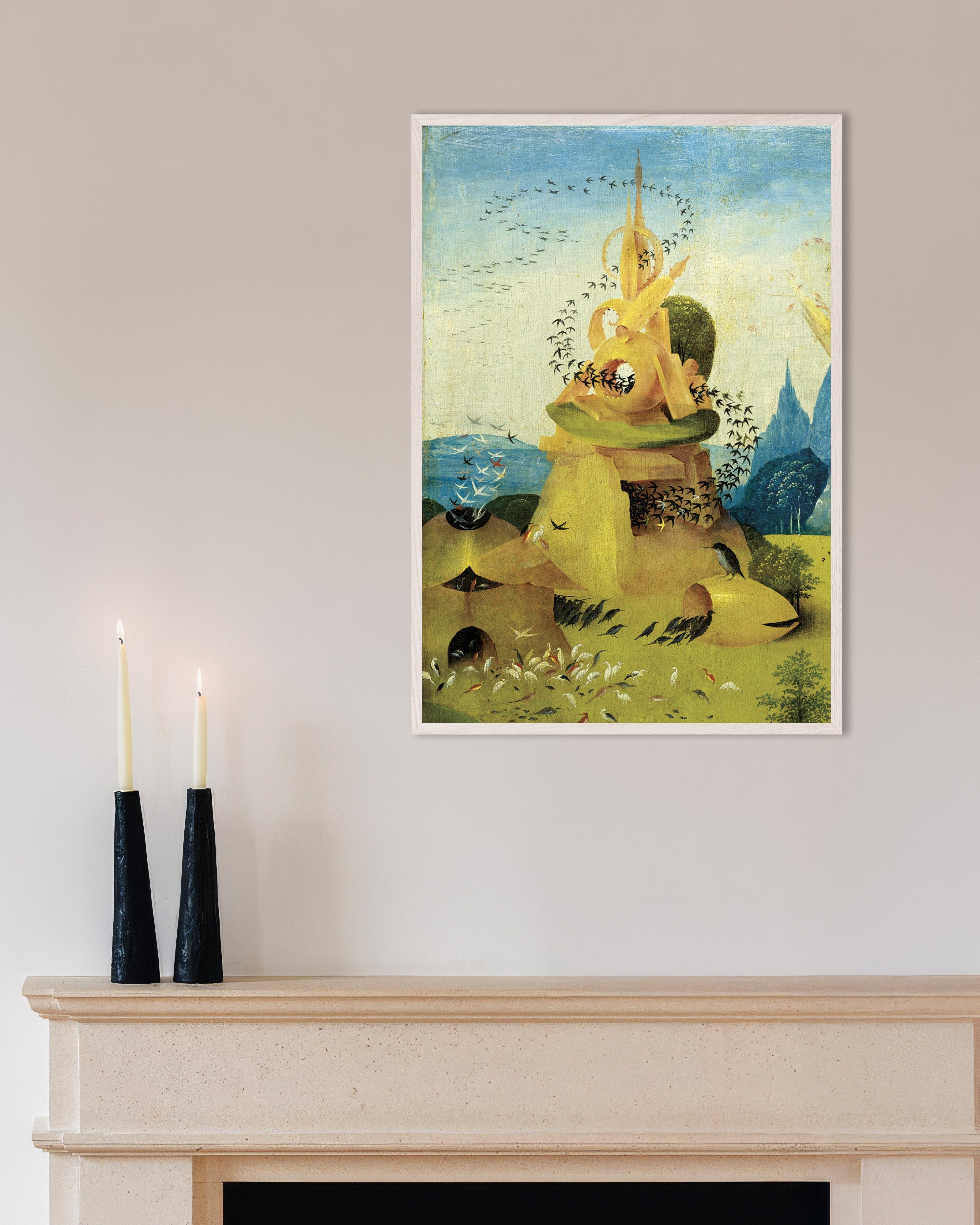 Poster of Towers and circling birds - Detail from The Garden of Earthly Delights, with white wooden frame