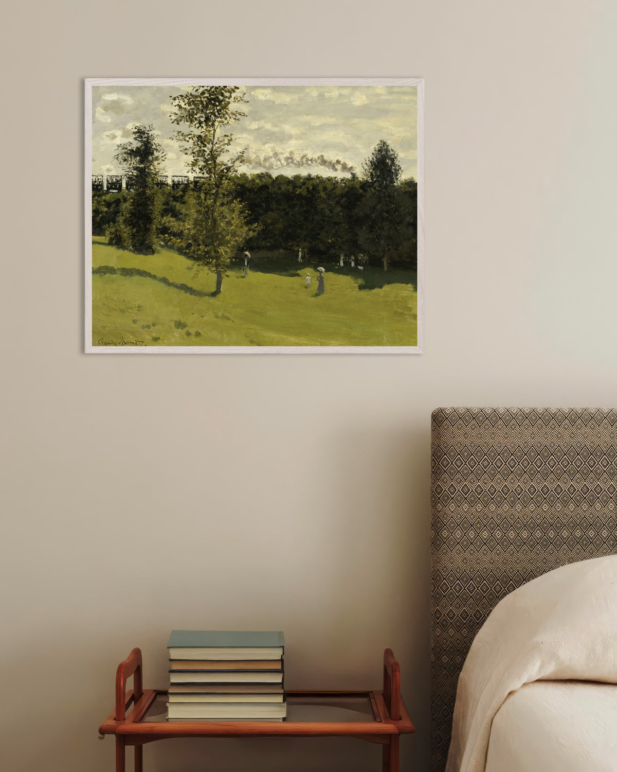Poster Trein op het platteland (ca. 1870) van Claude Monet met witte houten lijst