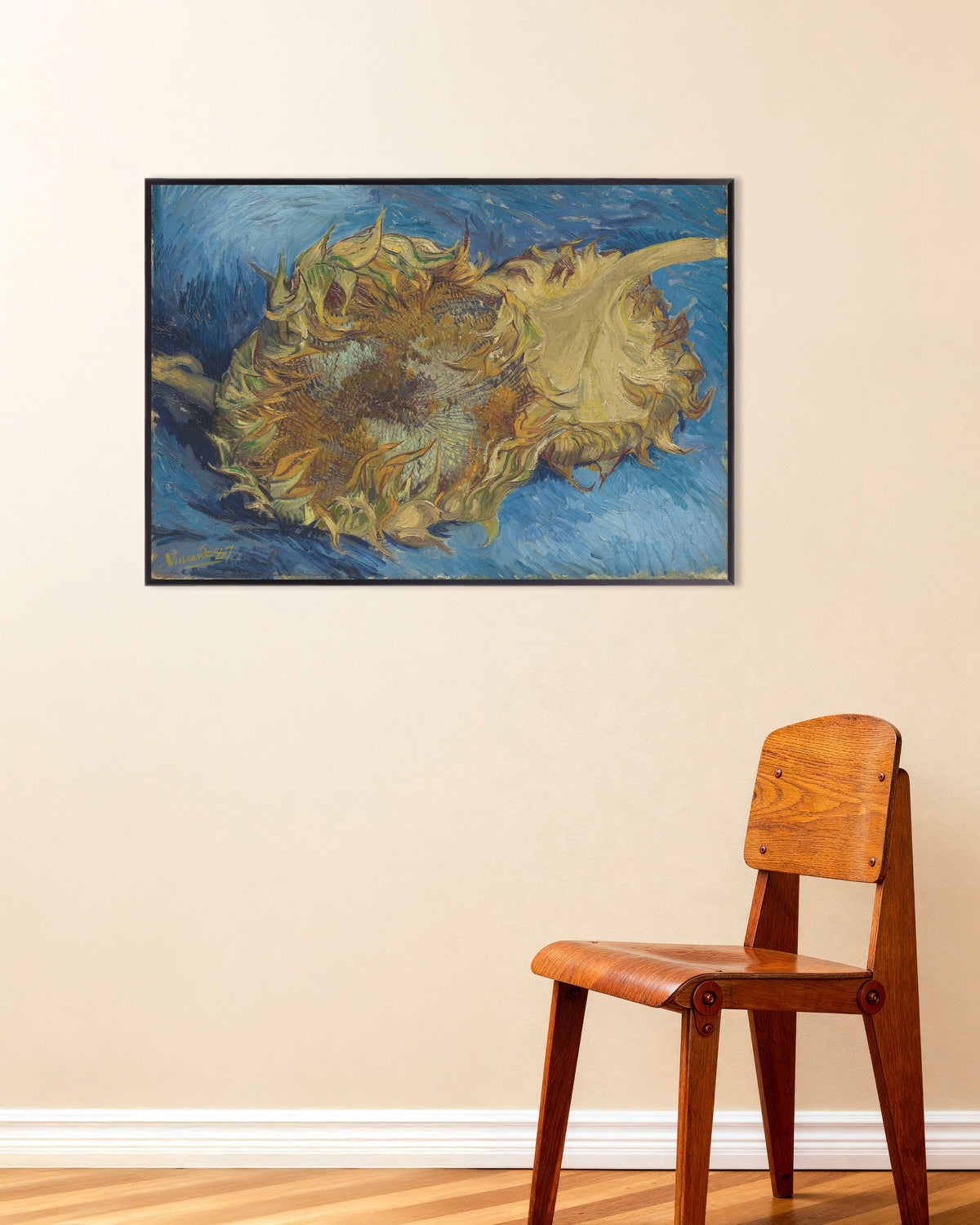 Poster van Twee afgesneden zonnebloemen (1887) van Vincent van Gogh, met metalen lijst