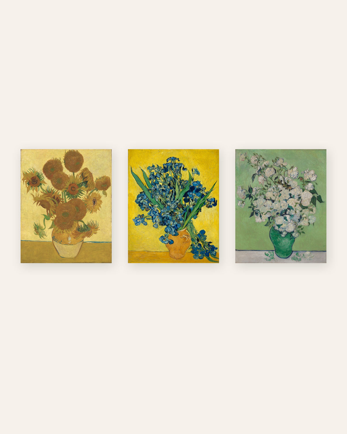 Van Gogh bloemenposters, set van 3: Zonnebloemen, Irissen en Rozen, zonder lijst