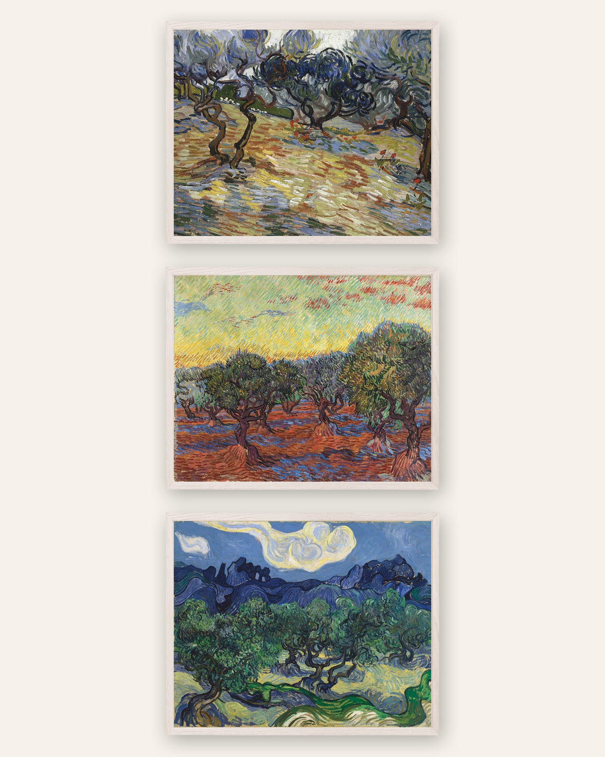 Van Gogh posters olijfbomen, set van 3: de olijfgaarden van Saint-Rémy, in witte eikenhouten lijsten