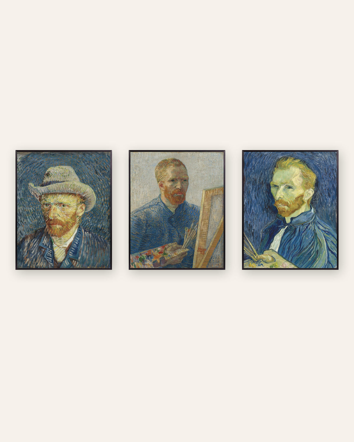 Van Gogh zelfportret posters, set van 3: van Parijs tot Saint-Rémy, in zwarte metalen lijsten