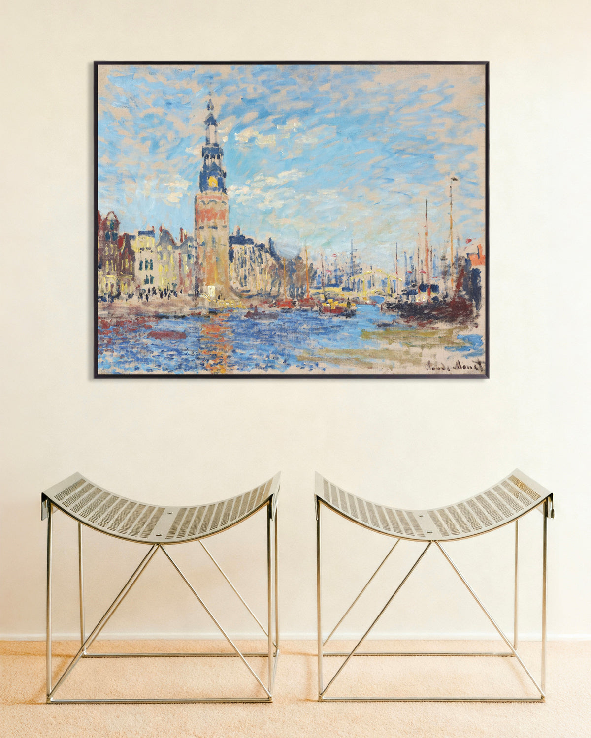 Poster Gezicht op de Montelbaanstoren, Amsterdam (1874) van Claude Monet met metalen lijst