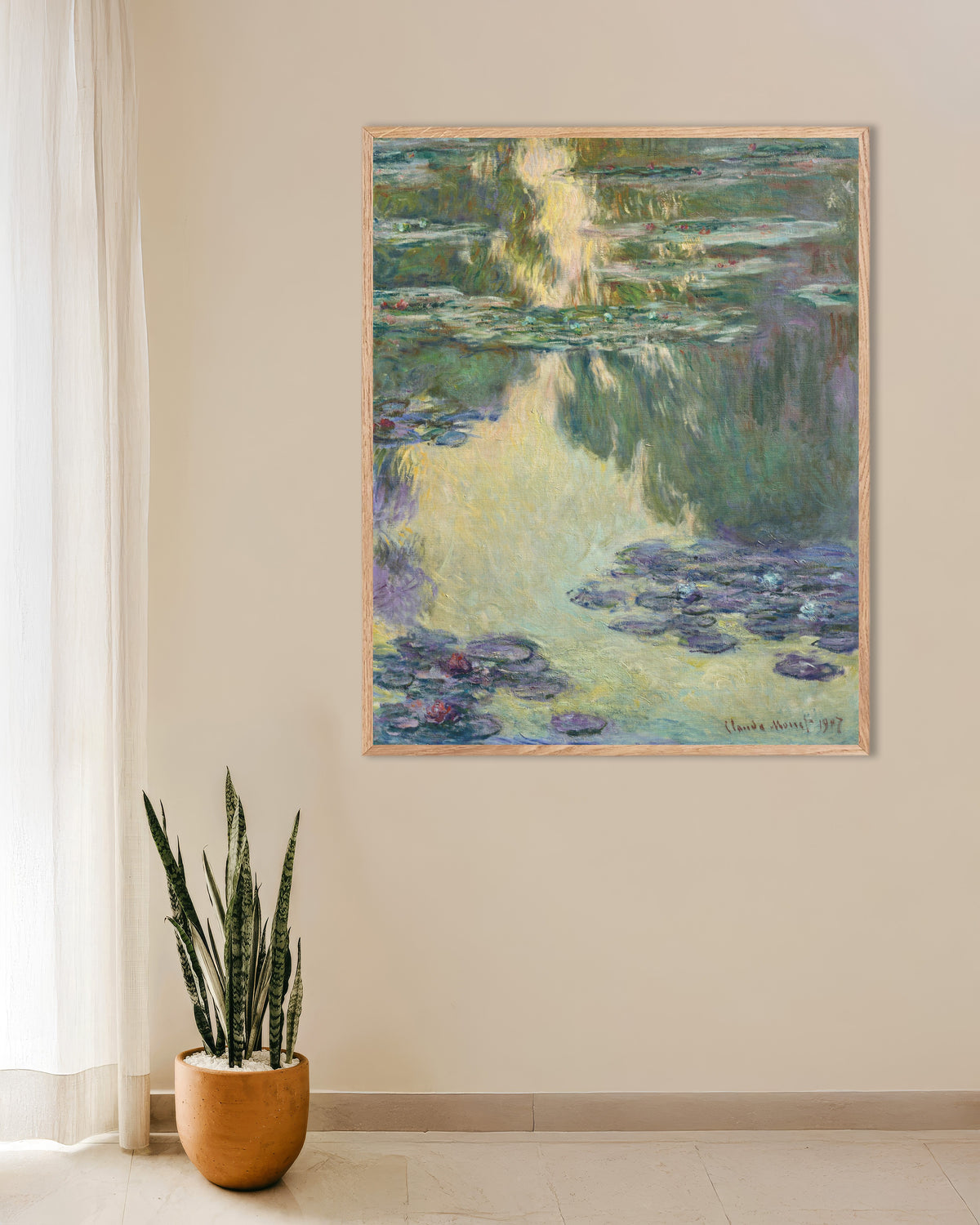 Poster Waterlelies (1907) van Claude Monet met naturel houten lijst