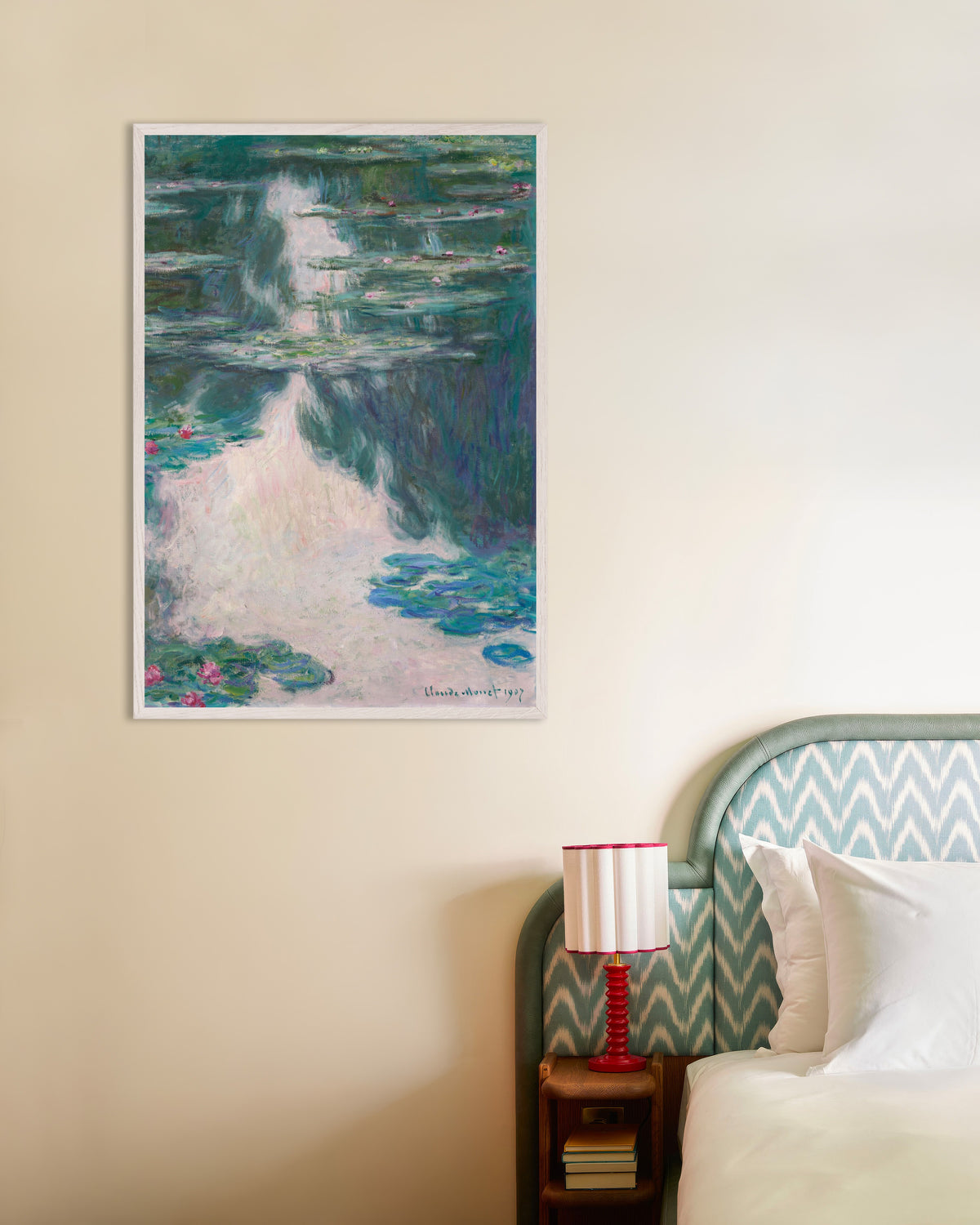 Poster Waterlelies, grijs weer (1907) van Claude Monet met witte houten lijst