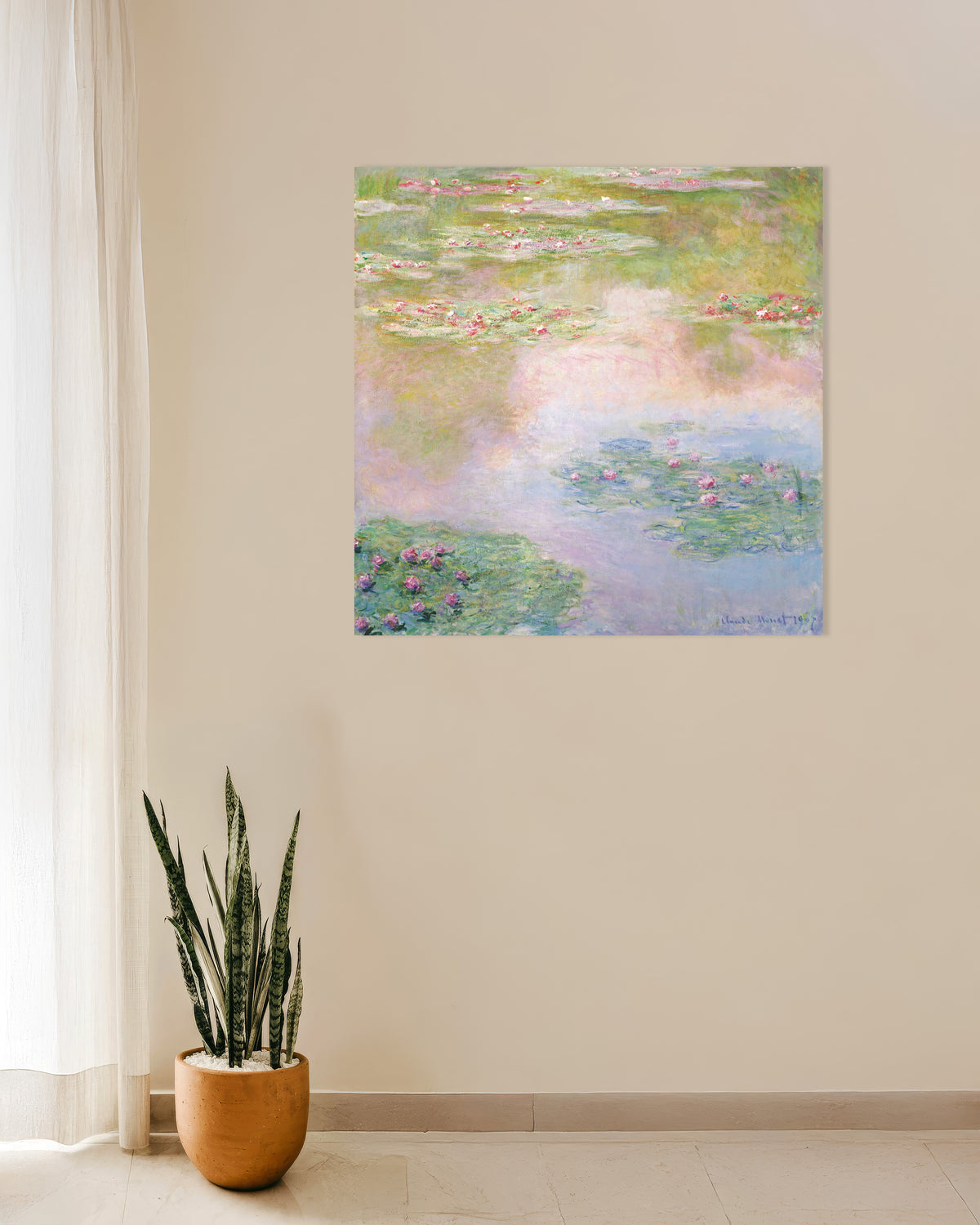 Poster Waterlelies, roze weerspiegelingen (1907) van Claude Monet