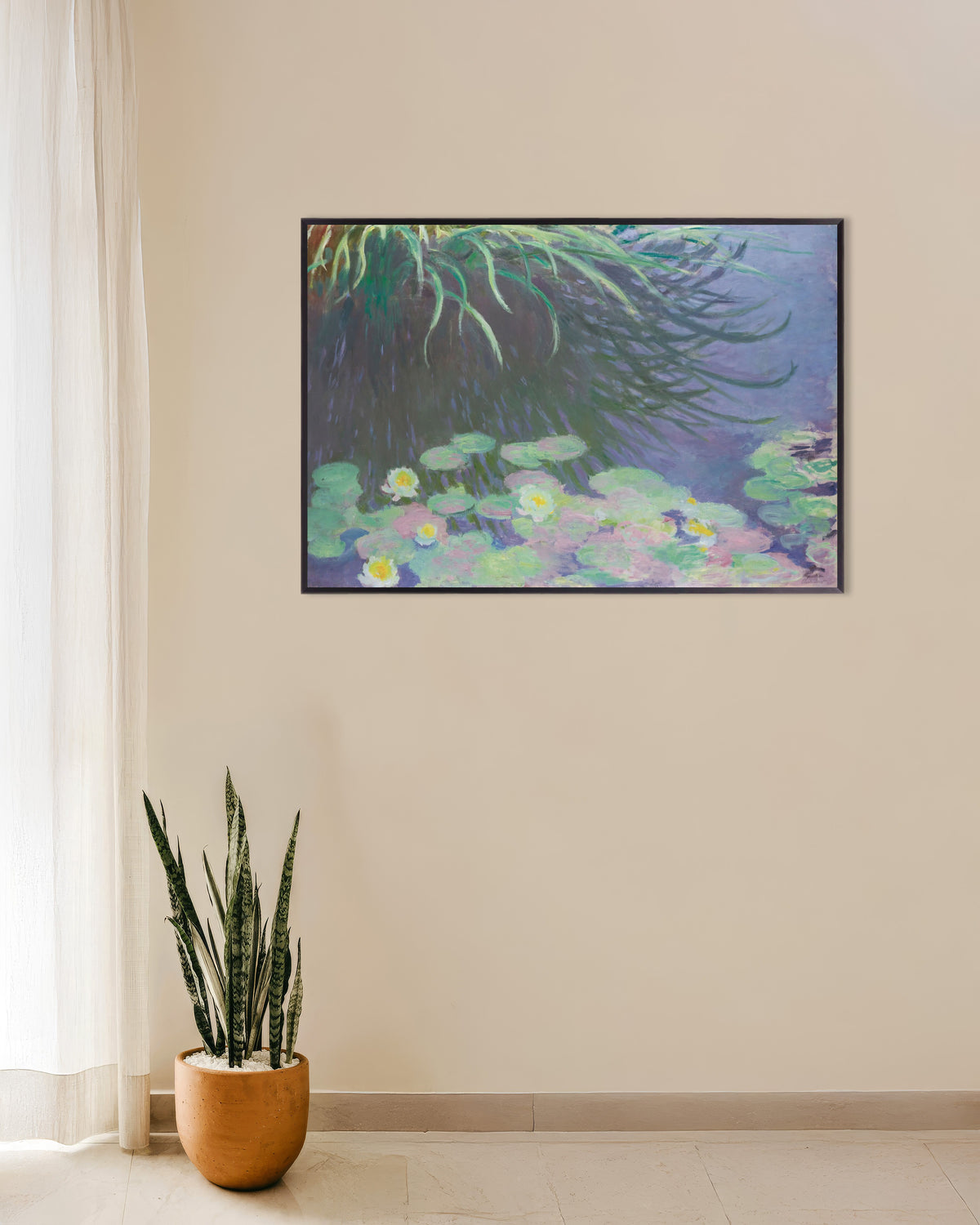 Poster Waterlelies met weerspiegelingen van hoog gras (1914–1917) van Claude Monet met metalen lijst
