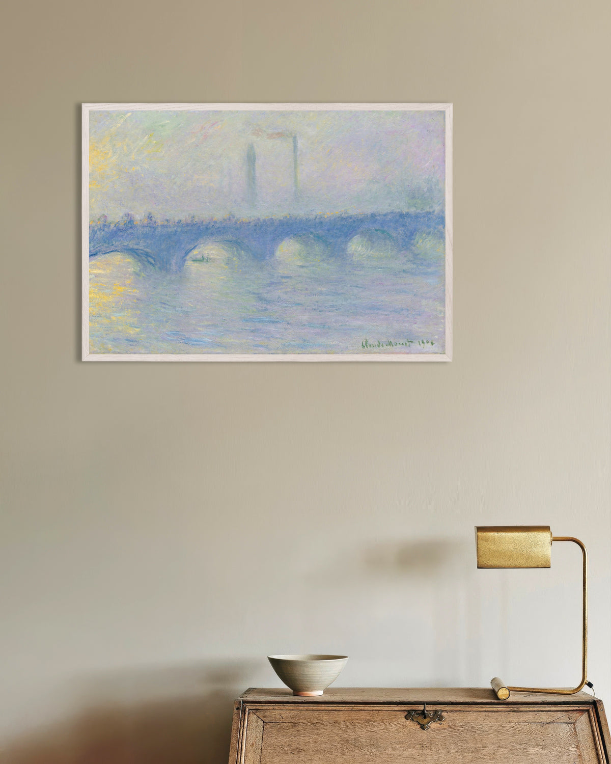 Poster Waterloo Bridge, neveleffect (1904) van Claude Monet met witte houten lijst