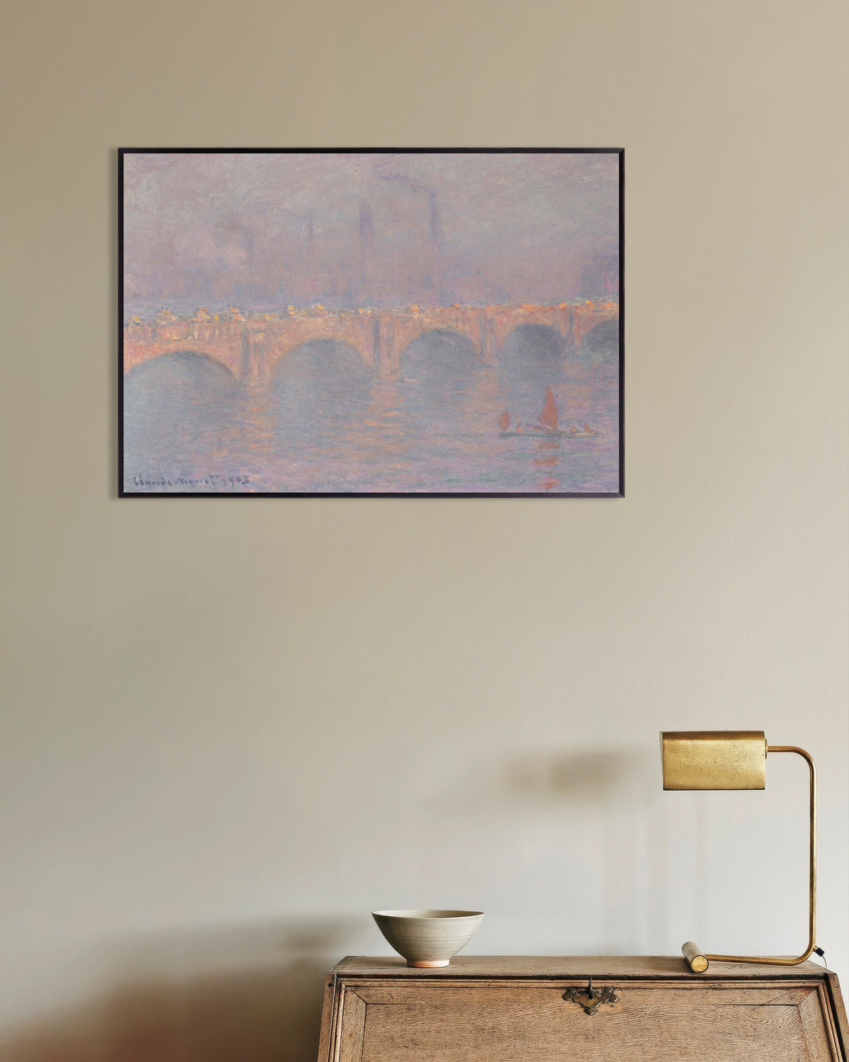 Poster Waterloo Bridge, gesluierde zon (1899–1903) van Claude Monet met metalen lijst