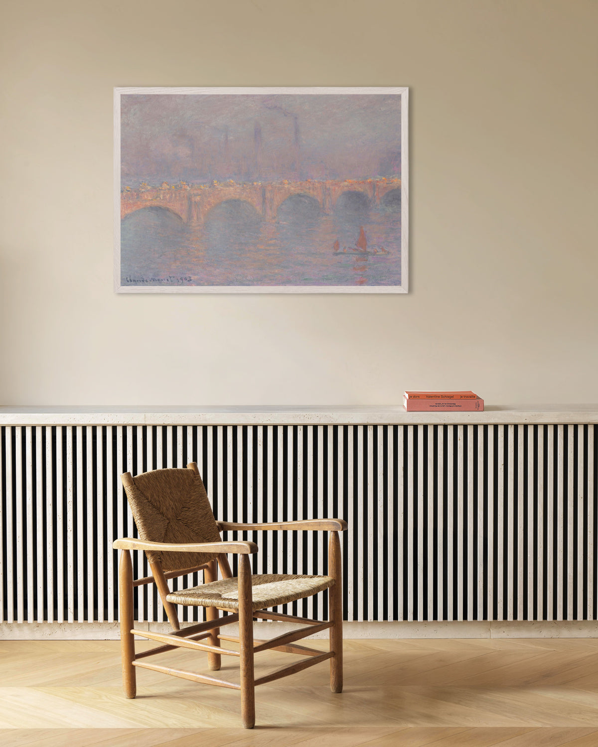 Poster Waterloo Bridge, gesluierde zon (1899–1903) van Claude Monet met witte houten lijst