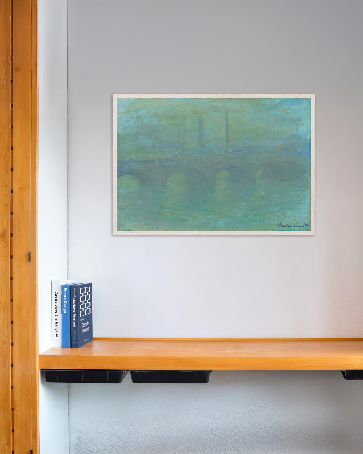 Poster Waterloo Bridge, Londen, bij schemering (1904) van Claude Monet met witte houten lijst