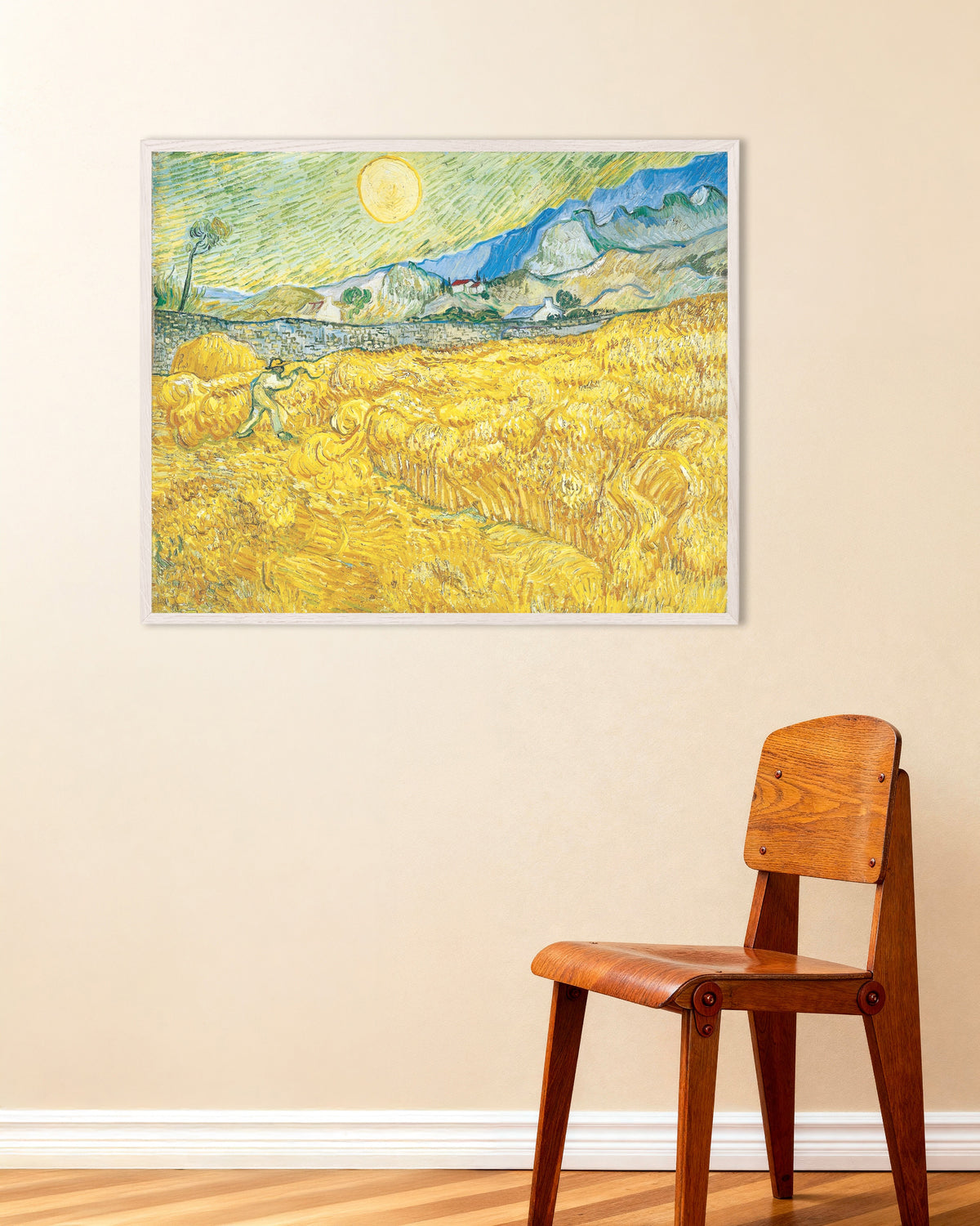 Poster van Korenveld achter het Sint-Paulusziekenhuis met een maaier (1889) van Vincent van Gogh, met witte houten lijst