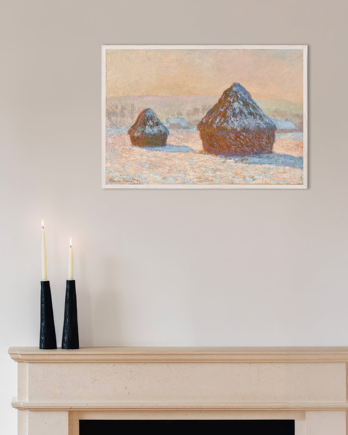 Poster Graanschelven, sneeuweffect, ochtend (1891) van Claude Monet met witte houten lijst