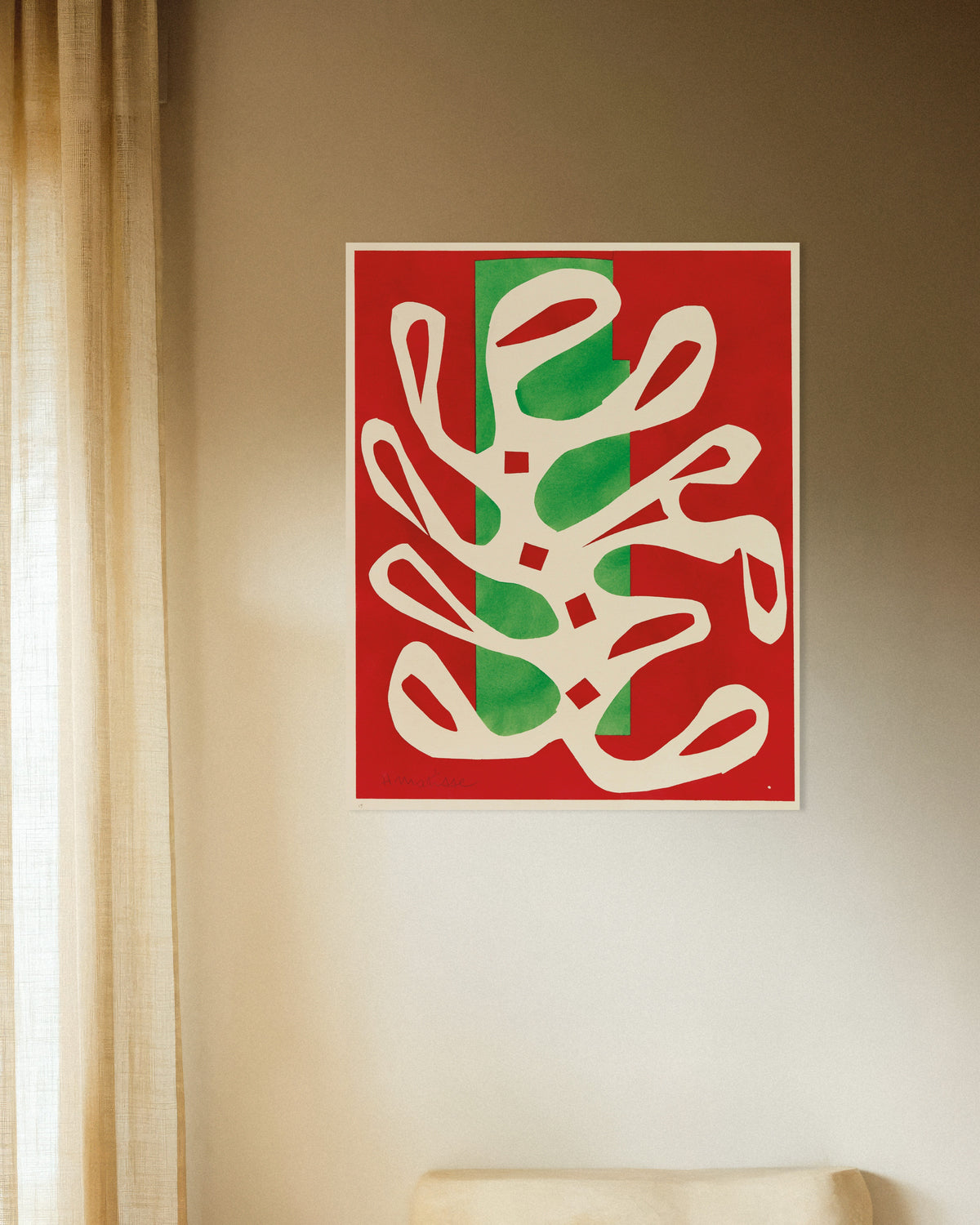 Poster van Witte alg op rode en groene achtergrond (1947) van Henri Matisse
