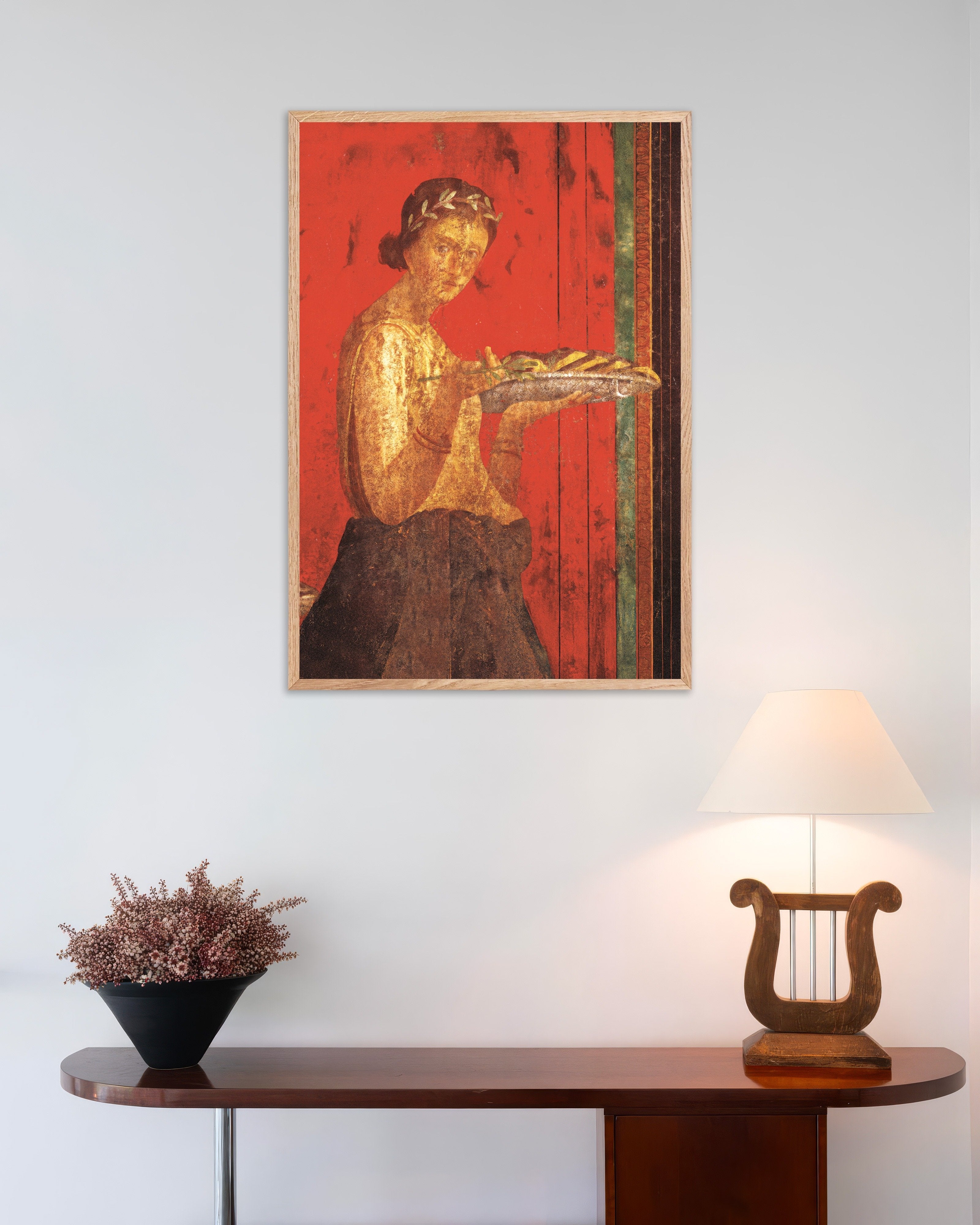 Poster of Woman with wreath fresco poster from Pompeii, with natural wooden frame