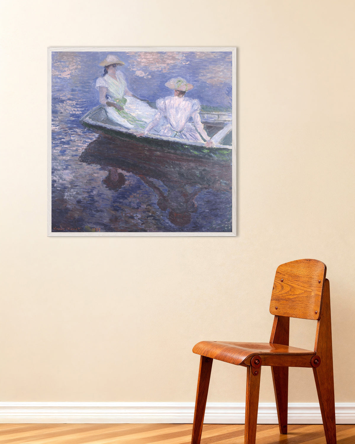 Poster Meisjes in een boot (1887) van Claude Monet met witte houten lijst