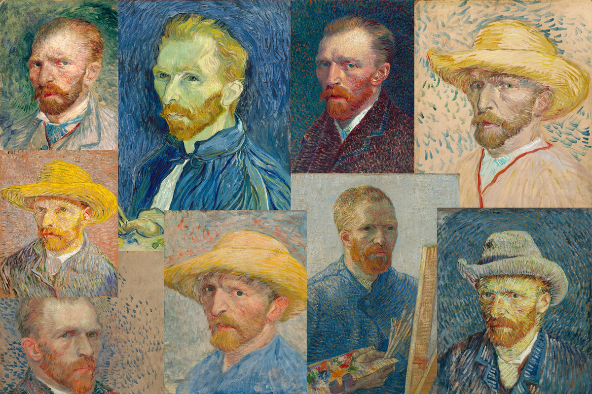 Negen zelfportretten van Vincent van Gogh, de meeste tussen 1886 en 1888 in Parijs geschilderd, enkele met strohoed